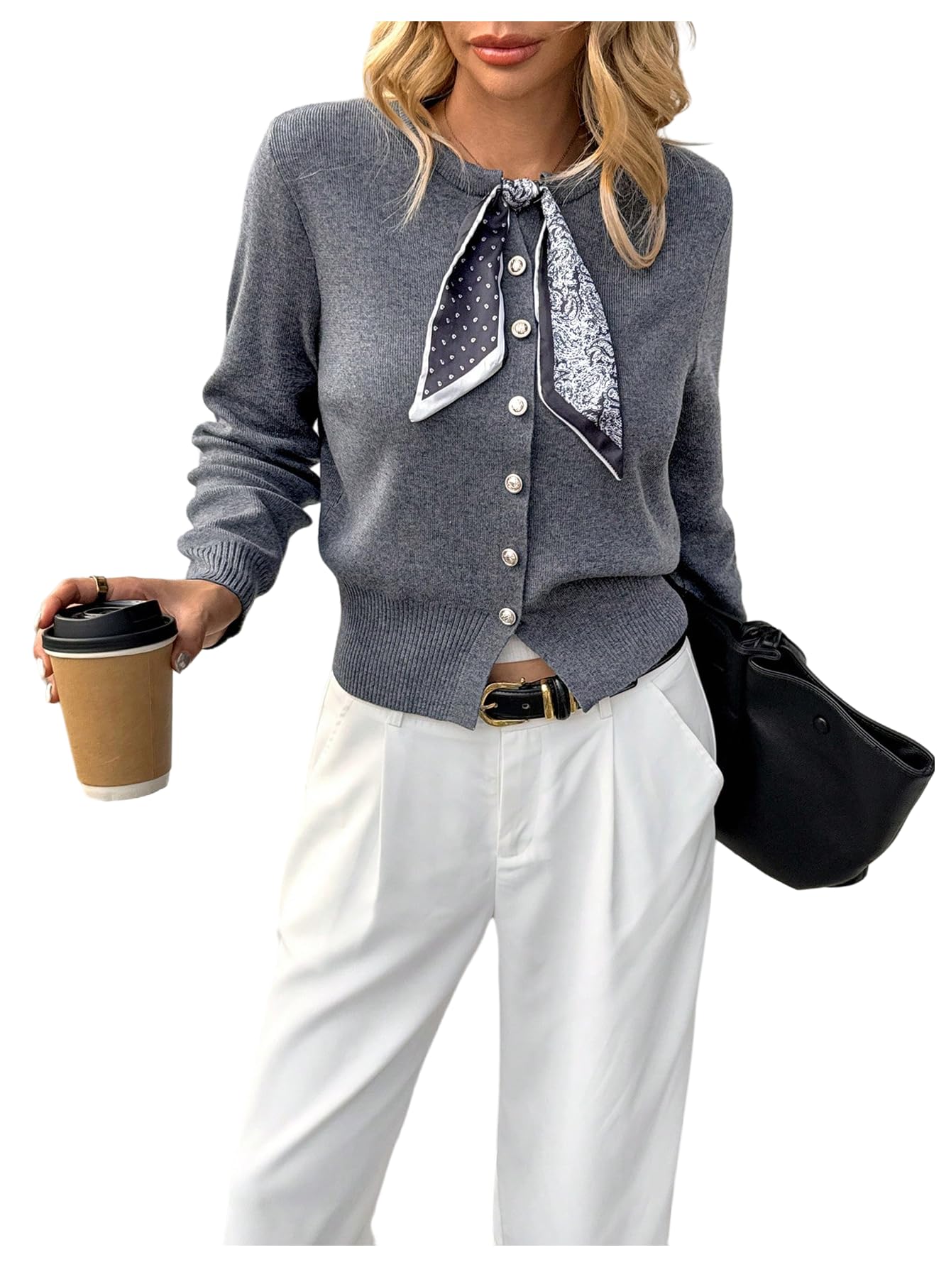 SOLY HUX Womens Button Up Sweaters Cardigan Crew Neck Long Sleeve Casual Fall Top with Scarf