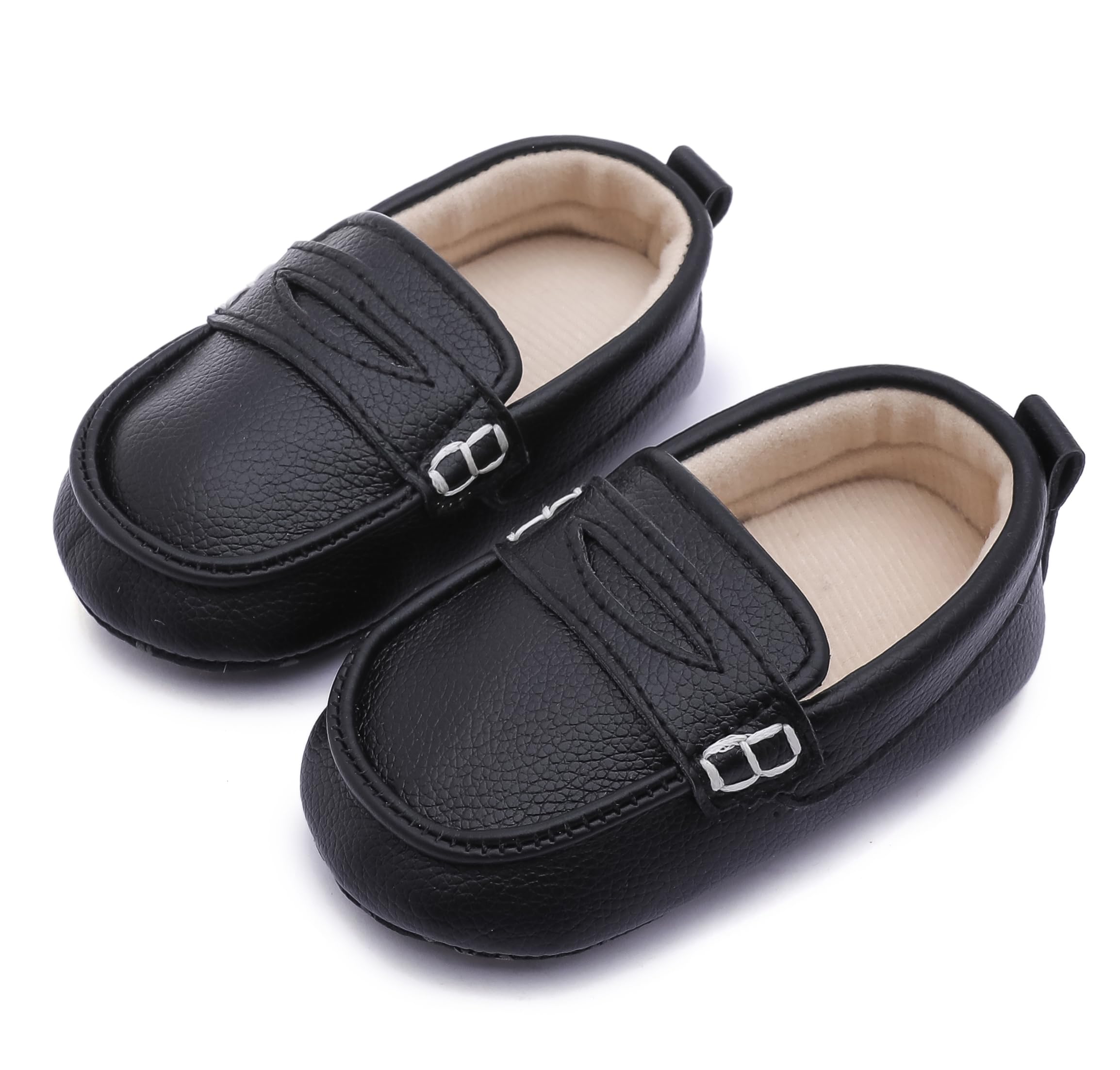 LONSOEN Baby Toddler Boys Girls Loafers Newborn Leather Moccasins Infant First Walking Dress Shoes 0-6 Months, Black BAY235