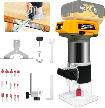 800W Cordless Wood Router Compatible With Dewalt 20V Battery,byczone 30000RPM Brushless Motor Router Attach 15PCS 1/4" Router Bits,6 Speeds Hand Trim Router,Edge Guide,Roller Guide,NO Battery