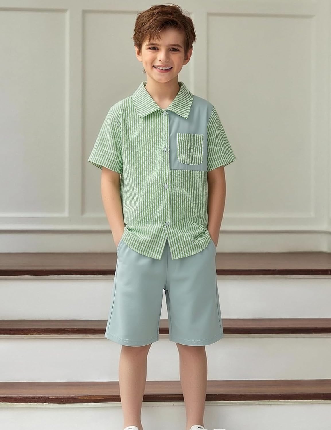 Boy Summer Outfit Casual Beach Striped Patchwork Button Down Sleeve Shirt and Short Vacation Texture Sets 4-10Y