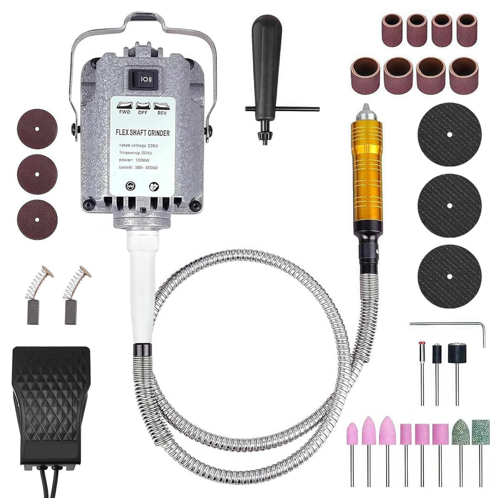 Utensile rotante elettrico Flex Shaft sospensione albero 1000 W, 500-30000 giri/min | Levigatrice rapida, albero flessibile, lunghezza d'onda 100 cm, controllo a pedale per lucidatura, foratura e lucidatura