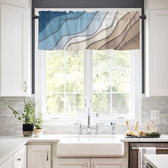 Blue Brown Ombre Cream Valances for Windows, Kitchen Curtains Window Treatment Decor, Modern Geometric Aesthetic Rod Pocket Short Window Valances for Living Room/Bedroom, 54 x 18