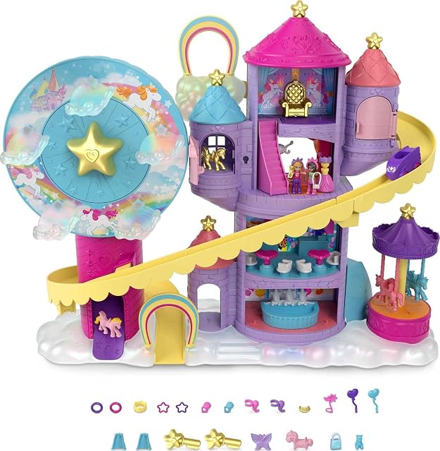 Polly Pocket Tęczowy park rozrywki Zestaw z 3 atrakcjami, 7 obszarami do zabawy, mikrolalkami Polly i Shani , 2 jednorożcami, 25 akcesoriami (łącznie 30 elementów do zabawy), 4 roku życia, HBT13