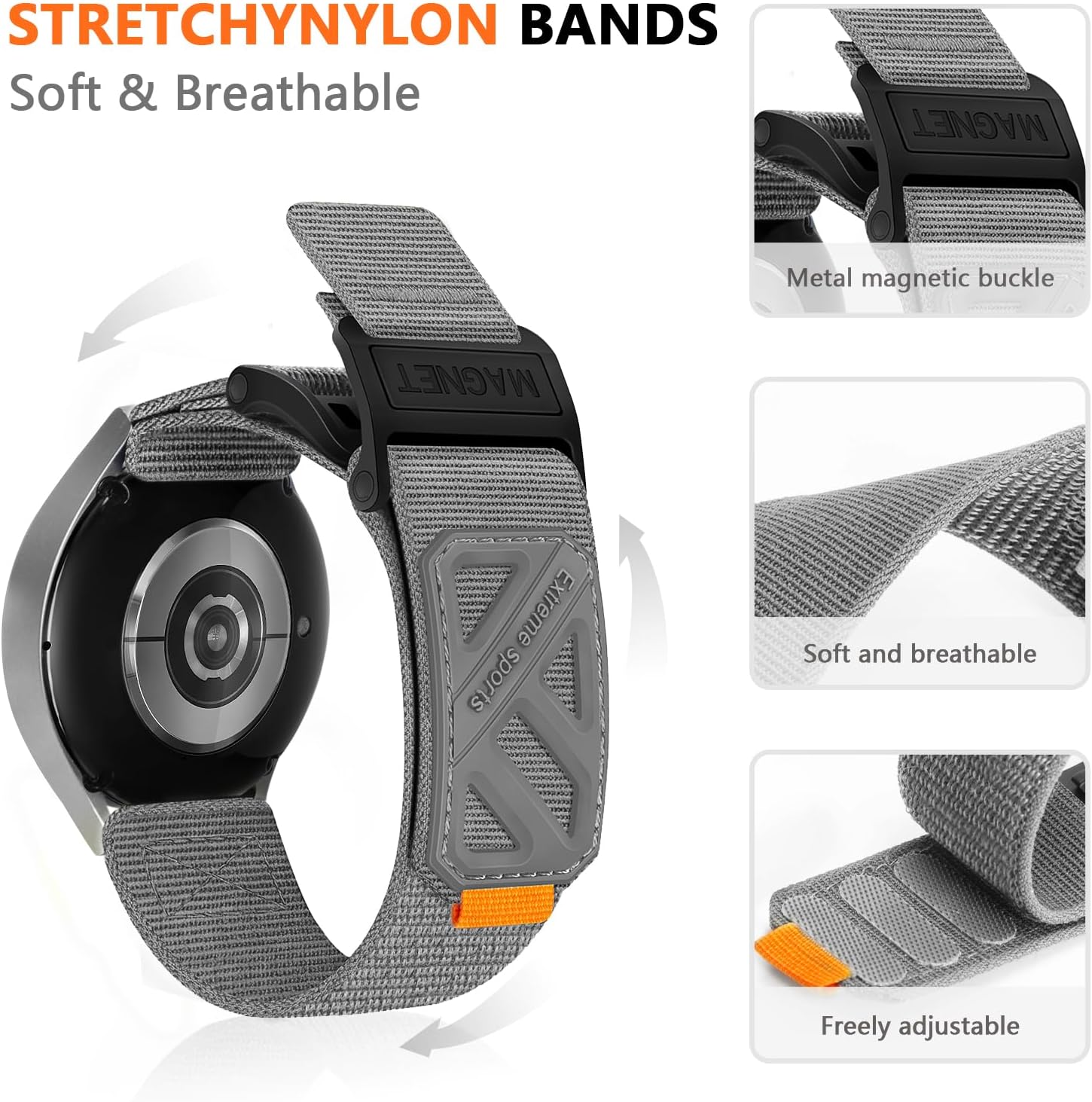Compatible with Samsung Galaxy Watch 7 6 5 4 FE Band 40mm 44mm/ Watch 6 4 Classic 47mm 43mm 42mm 46mm/5 Pro 45mm/Watch 3 Classic 41mm/Active 2, 20mm Nylon magnetic snap fastener Replacement Sports band for Men