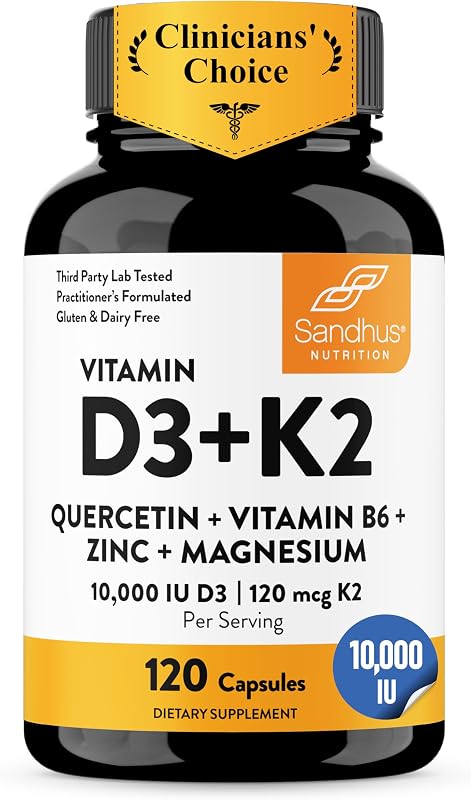 Vitamin D3 K2 10000 IU 120mcg Magnesium Zinc B6 Quercetin Capsules 120 Ct | 6-in-1 D3+K2 Supplements Supports Bone, Immune, Energy And Muscle Health, Gluten-Free, 4-Month Supply, USA Made by Sandhu's