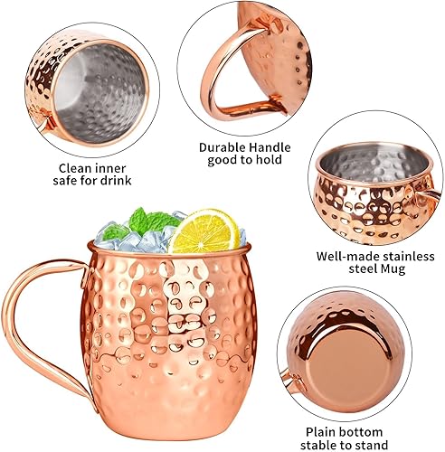 Miniatura 3 de Moscow Mule - Juego de 12 tazas de cobre de 19 onzas con asa, tazas grandes de cobre martillado con doble jigger de 0.5 onzas, pajitas de acero