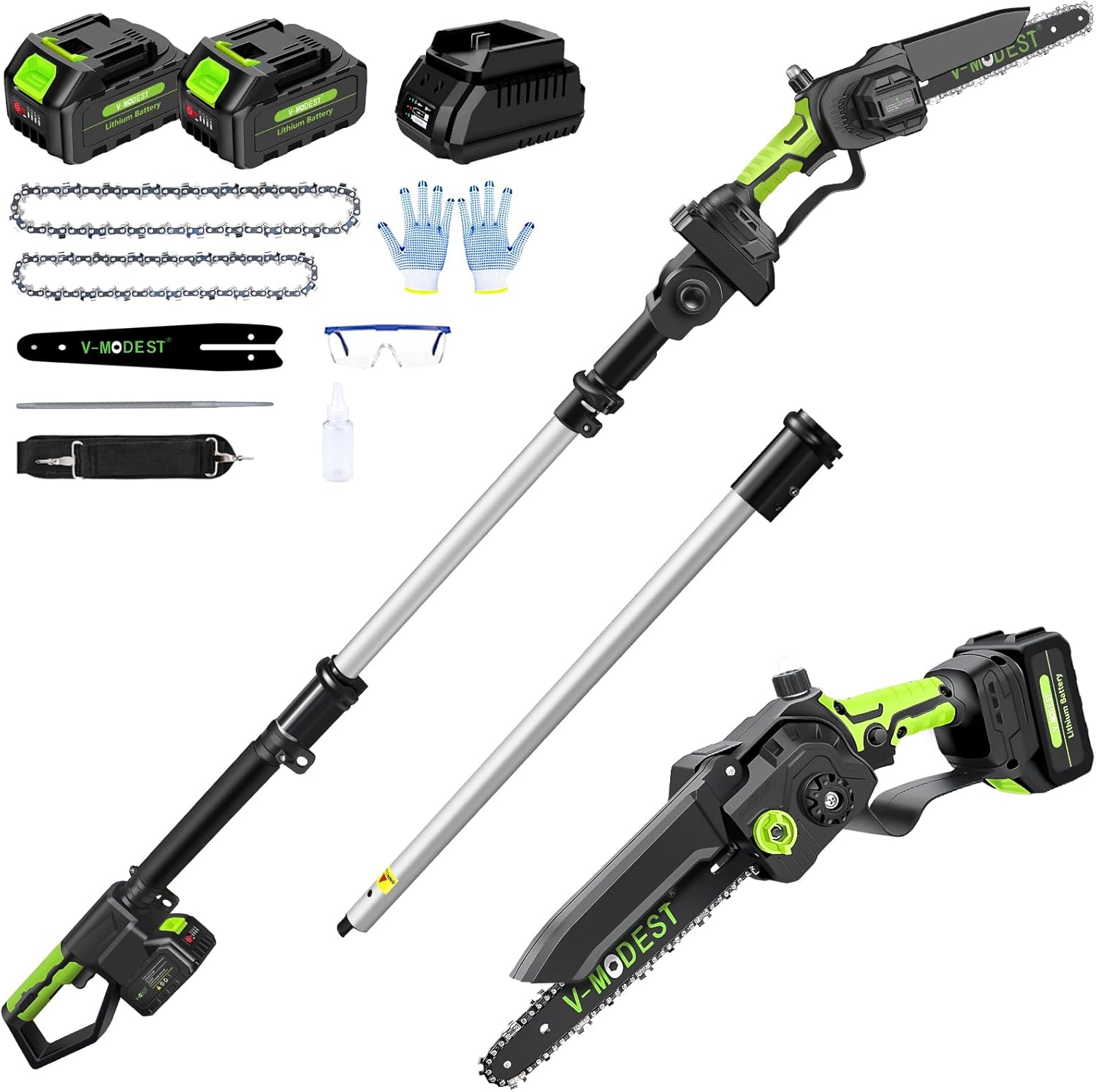 2-IN-1 Cordless Pole Saw 8 inch Mini Chainsaw, Pole Saws for Tree Trimming 2*4.0Ah Battery Powered, Electric Pole Saw Brushless 15ft Max Extension Pole Chainsaw for Tree Trimmer Wood Cutting 8 inch Pole Saw