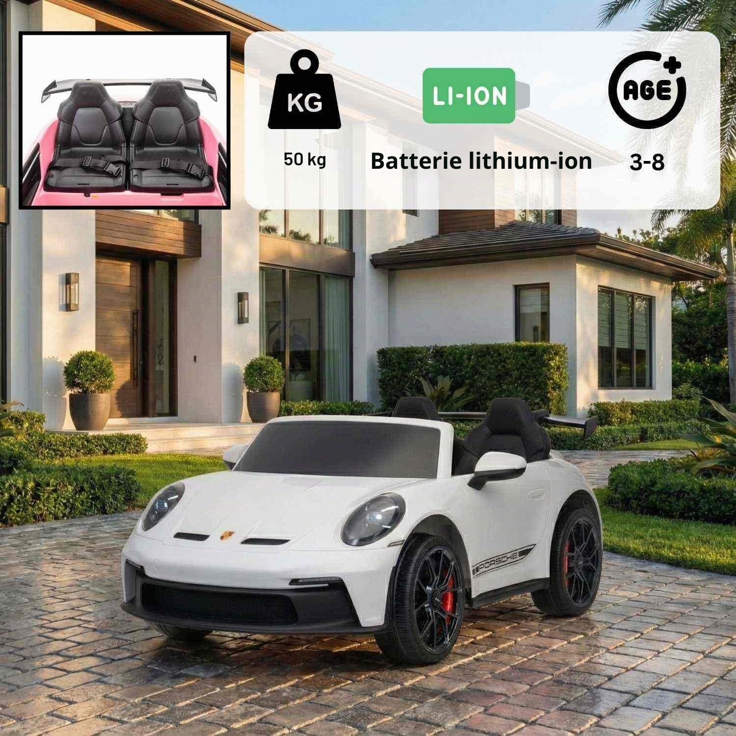 Porsche 911 GT3 voiture électrique enfants 24V 2 places 4x4, Blanc, 4 x 200W moteurs, batterie lithium, télécommande parentale 2,4 GHz, suspension, USB/AUX, phares LED, licence officielle