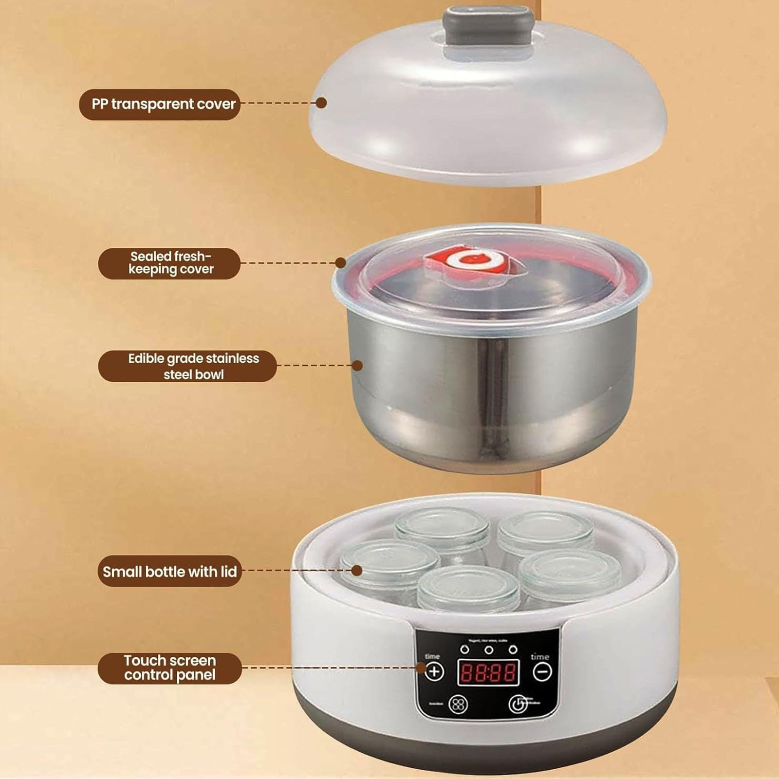 Yaourtière Entièrement Automatique, Avec 1 Cuve En Acier Inoxydable De 1200 Ml Et 5 Pots De 100 Ml, Chauffage Équilibré À 360°, Pour La Préparation De Yaourts Et De Nattos Maison.,A