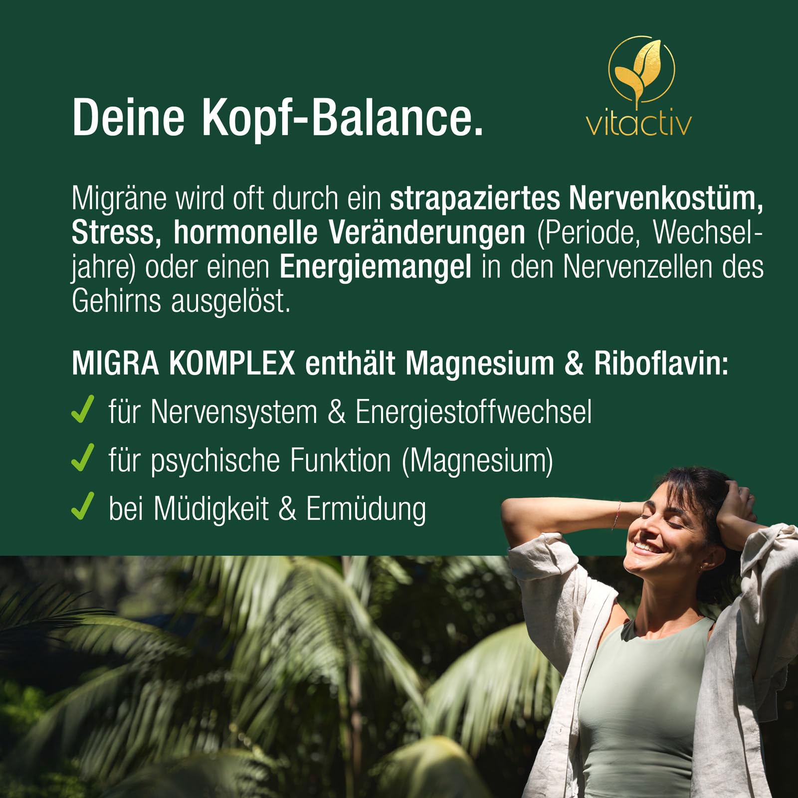 VITACTIV Migra Komplex - 90 Mutterkraut Kapseln für Kopf Balance - Plus Ingwer Extrakt, Magnesium, Coenzym Q10, Vitamin B2 - Produziert & Laborgeprüft in Deutschland - Vegan, Ohne Künstliche Zusätze