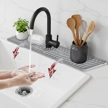 ODRAGO Silicone Kitchen Sink Splash Guard - 24.01 Inch Faucet Mat for Kitchen Sink Water - Longer Faucet Handle Drip Catcher Tray-Sink Guard for Kitchen Sink Grey