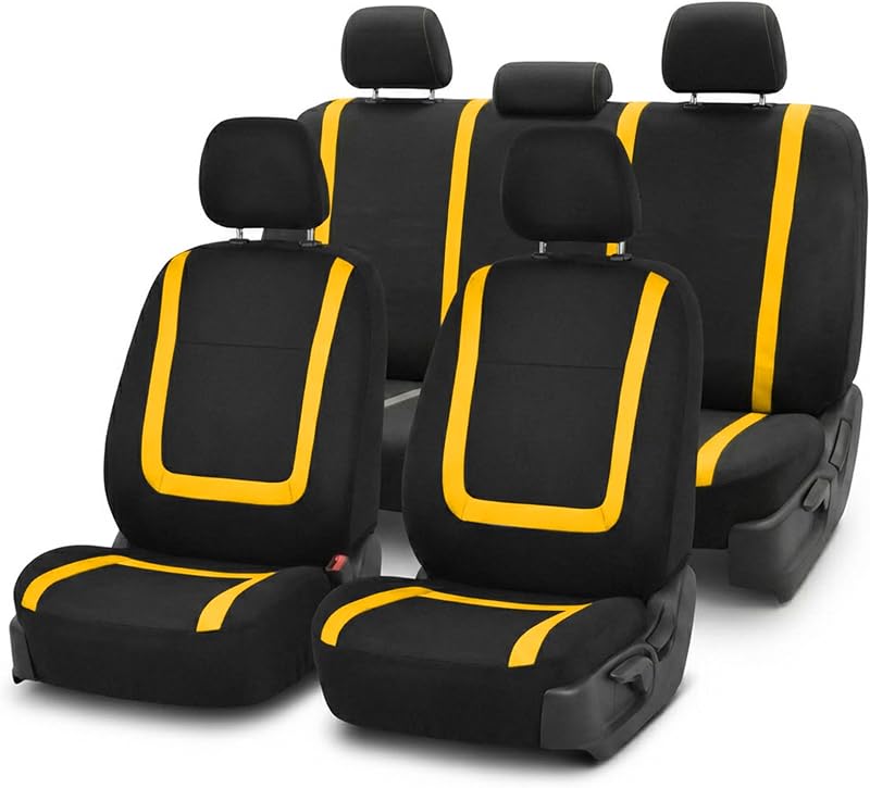 FH Group Fundas para asientos de automóvil Juego completo exclusivo de tela plana Fundas para asientos automotrices Juego delantero y trasero Fundas para asientos de banco sólido amarillo negro con. Regalo Accesorios interiores de ajuste universal para automóviles, camionetas y SUV