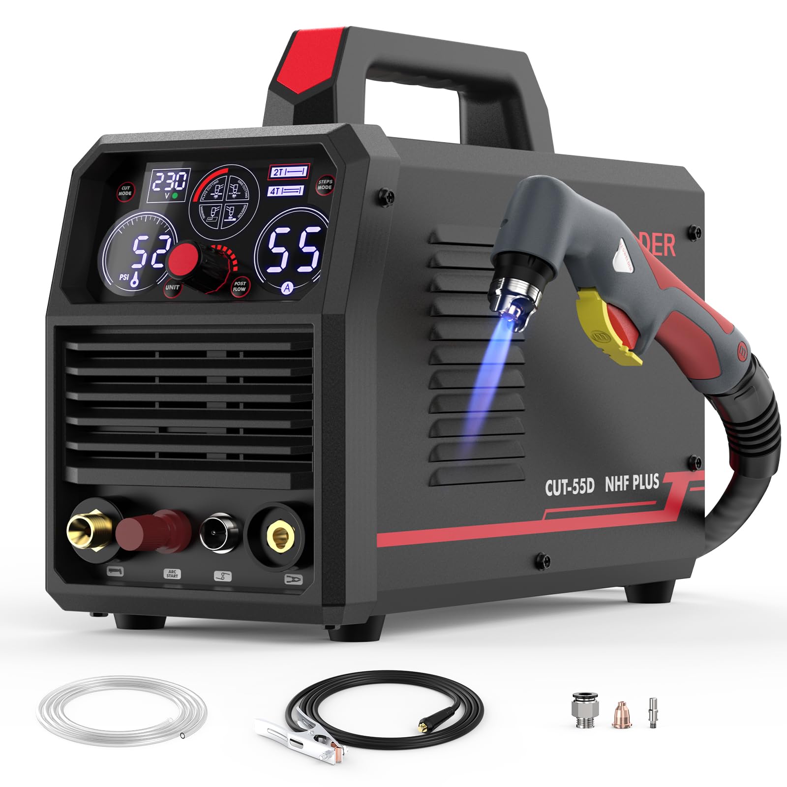 YESWELDER Découpeur Plasma 55A, Sans Haute Fréquence, Arc Pilote Non-Contact, 230V Multifonctionnelle 4-en-1 Découpe de Tôles/Découpe de Grilles/Gougeage/Marquage Machine de Découpe Plasma