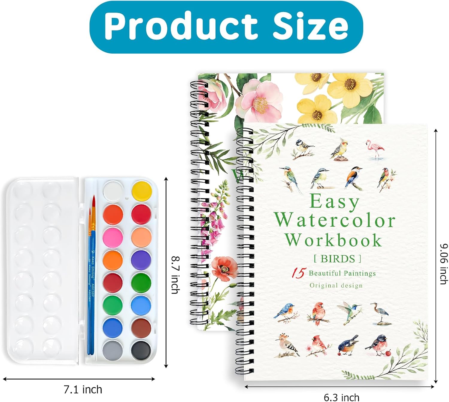 SLWBZ Watercolor Workbooks Set, 2 Books Different Themes Exquisite Workbook with Detailed Steps, 16 Colors of Palette and 2 Wooden Soft Brushes，Beginner-Friendly Watercolor Workbooks, Plants&Birds