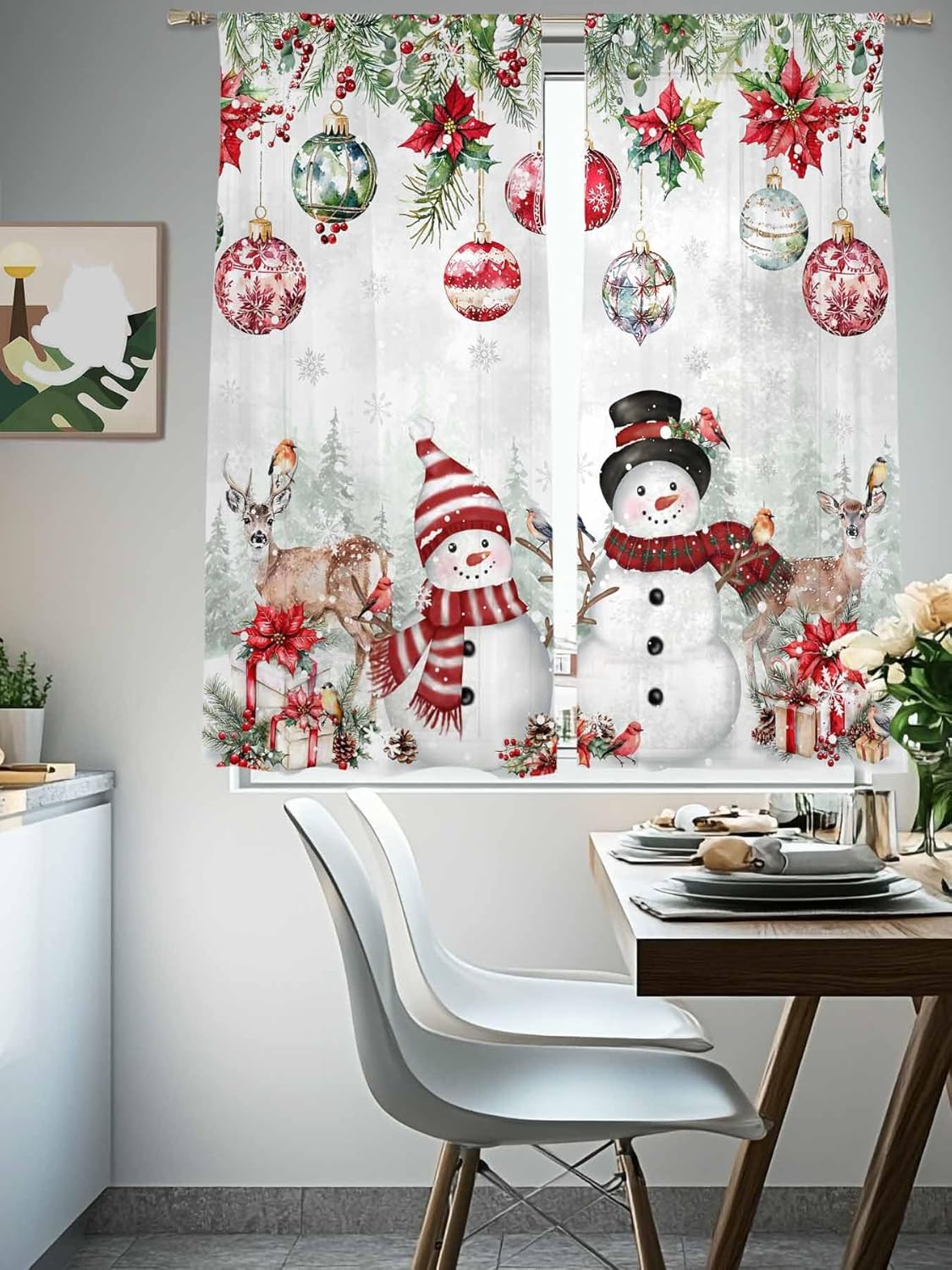 Christmas Sheer Curtains 72 Inches Long Christmas Snowman Deer Curtains for Living Room Red Poinsettia Balls Snowflake Light Filtering Semi Curtain Drapes for Bedroom Decor 2 Panels 52"W x 72"L