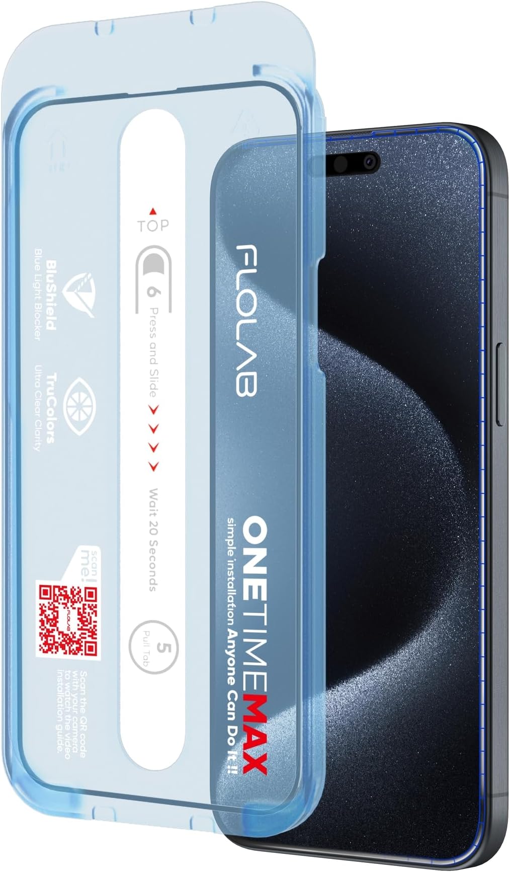 FLOLAB NanoArmour ONETIME MAX for iPhone 15 Pro Screen Protector: Anti-Blue Light Screen Protector, 3D Clear, Military-Grade Tempered Glass, Durable, Smooth, Easy Install, Dust-Free