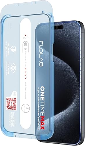 FLOLAB NanoArmour ONETIME MAX - Protector de pantalla transparente anti luz azul para iPhone 15 Pro Max 3D, vidrio templado de grado militar, borde