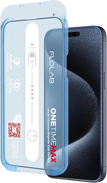 FLOLAB NanoArmour ONETIME MAX for iPhone 15 Pro Max Screen Protector Anti-Blue Light Screen Protector, 3D Clear, Military-Grade Tempered Glass, Durable, Smooth, Easy Install, Dust-Free