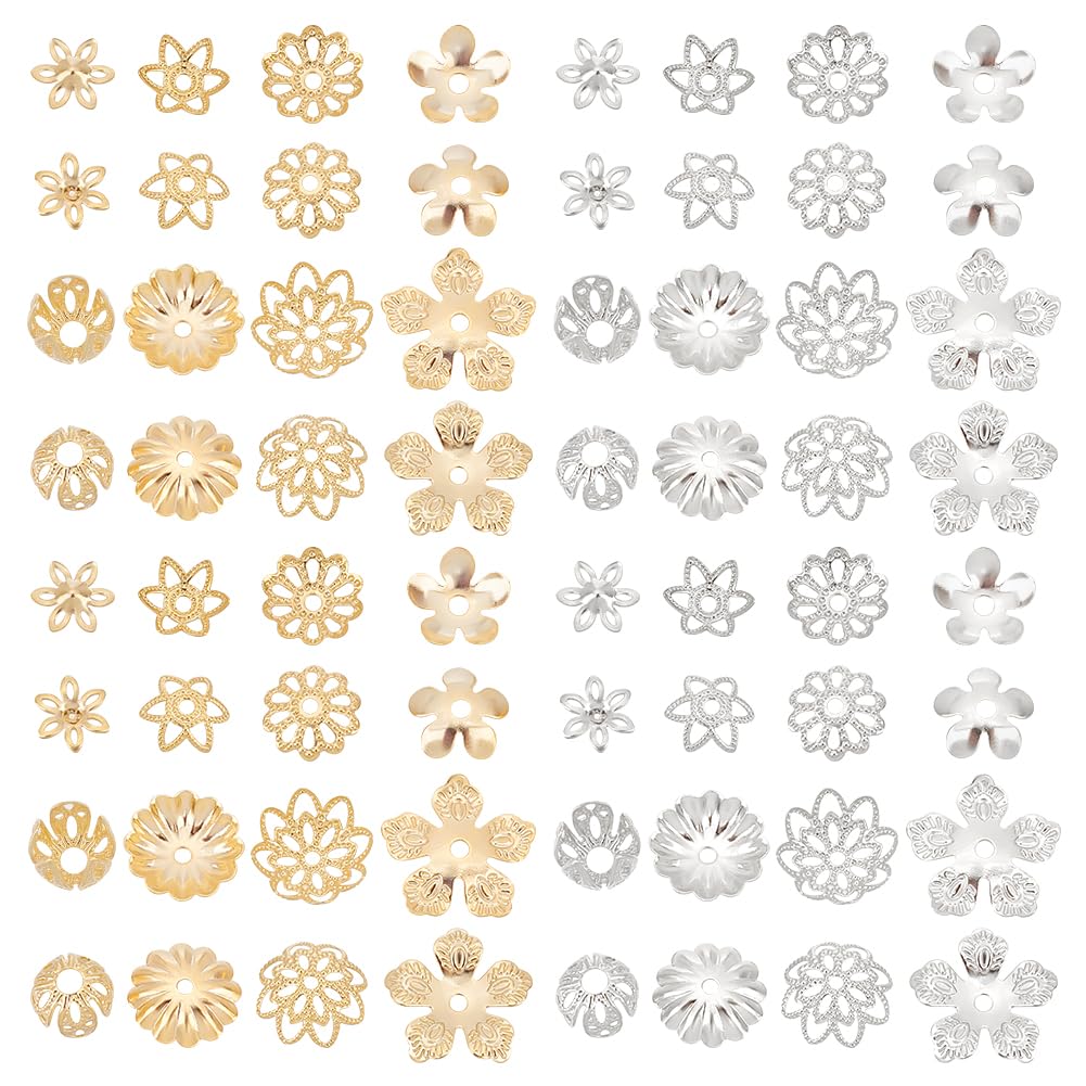 PH PandaHall 24K Gold Plated Flower Bead Caps, 64pcs 8 Shapes Flower End Cap Brass Multi-Petal Bead Cap Bails End Charm Caps Spacer Beads for Earring Bracelet Necklace Jewelry Craft, Golden/Platinum
