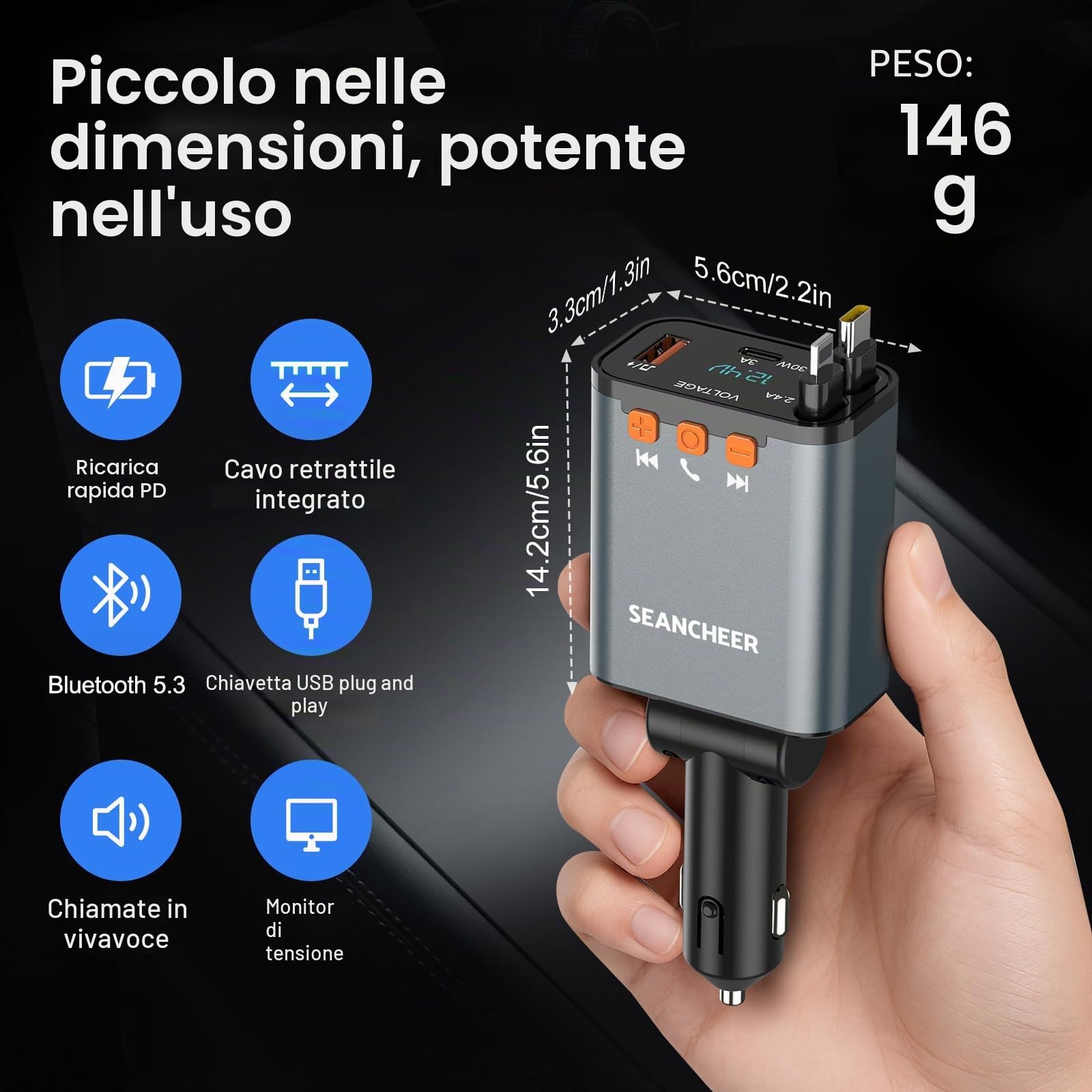 SEANCHEER Adattatore Bluetooth Auto & Accendisigari USBC, 69W Caricatore Auto con 2 Cavi Retrattili, Trasmettitore FM Bluetooth 5.3 (USB-C+Lightning)