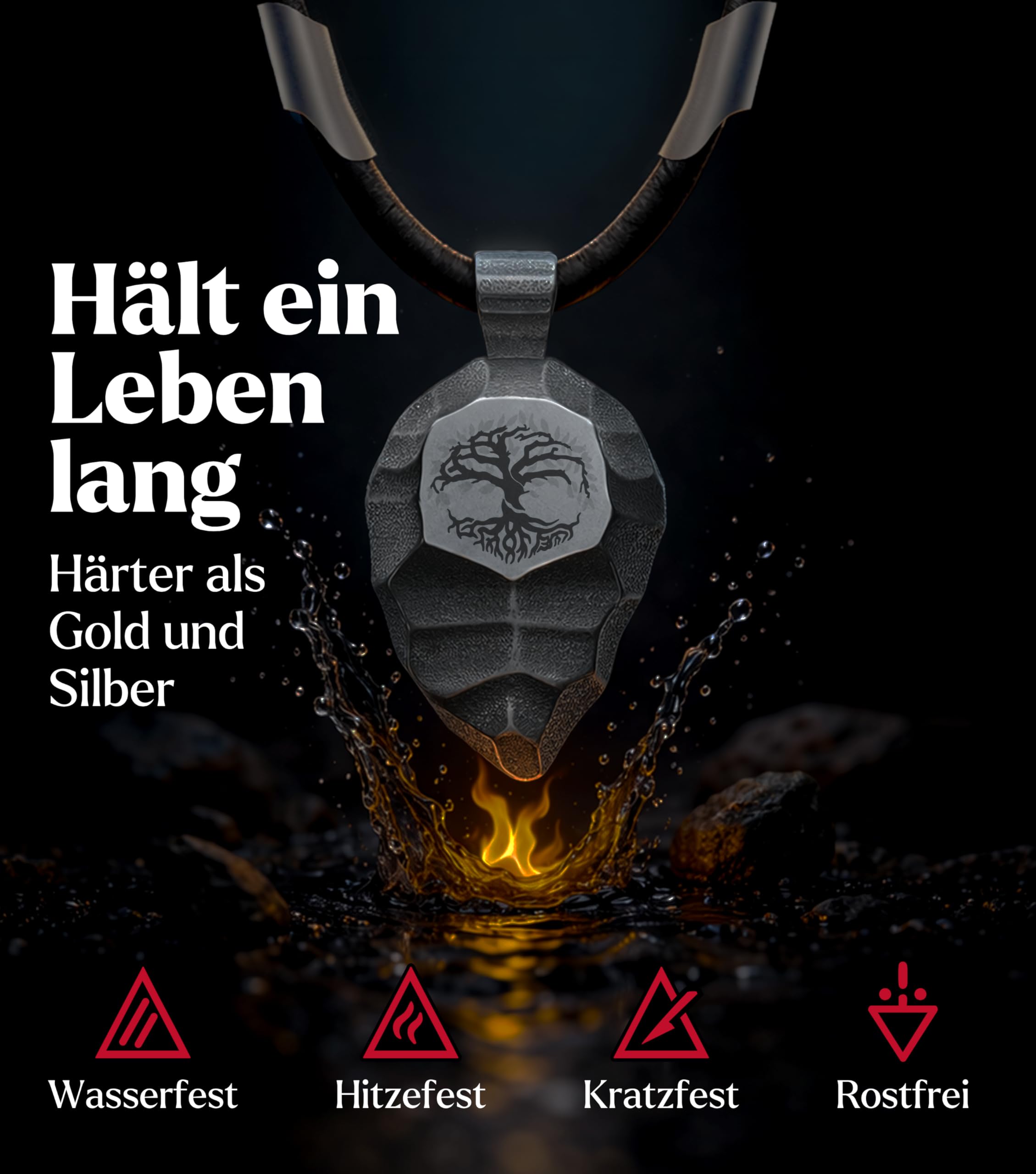 Titan-Anhänger Keil mit Yggdrasil Weltenbaum – Unisex Halskette aus schwarzem Lederband und robustem Titan – Baum des Lebens Schmuck & Talisman für Damen und Herren