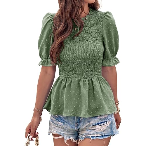 PRETTYGARDEN Women's Tops Summer Short Puff Sleeve Crewneck Swiss Dot Blouses Slim Smocked Ruffle Peplum Shirts Tunics