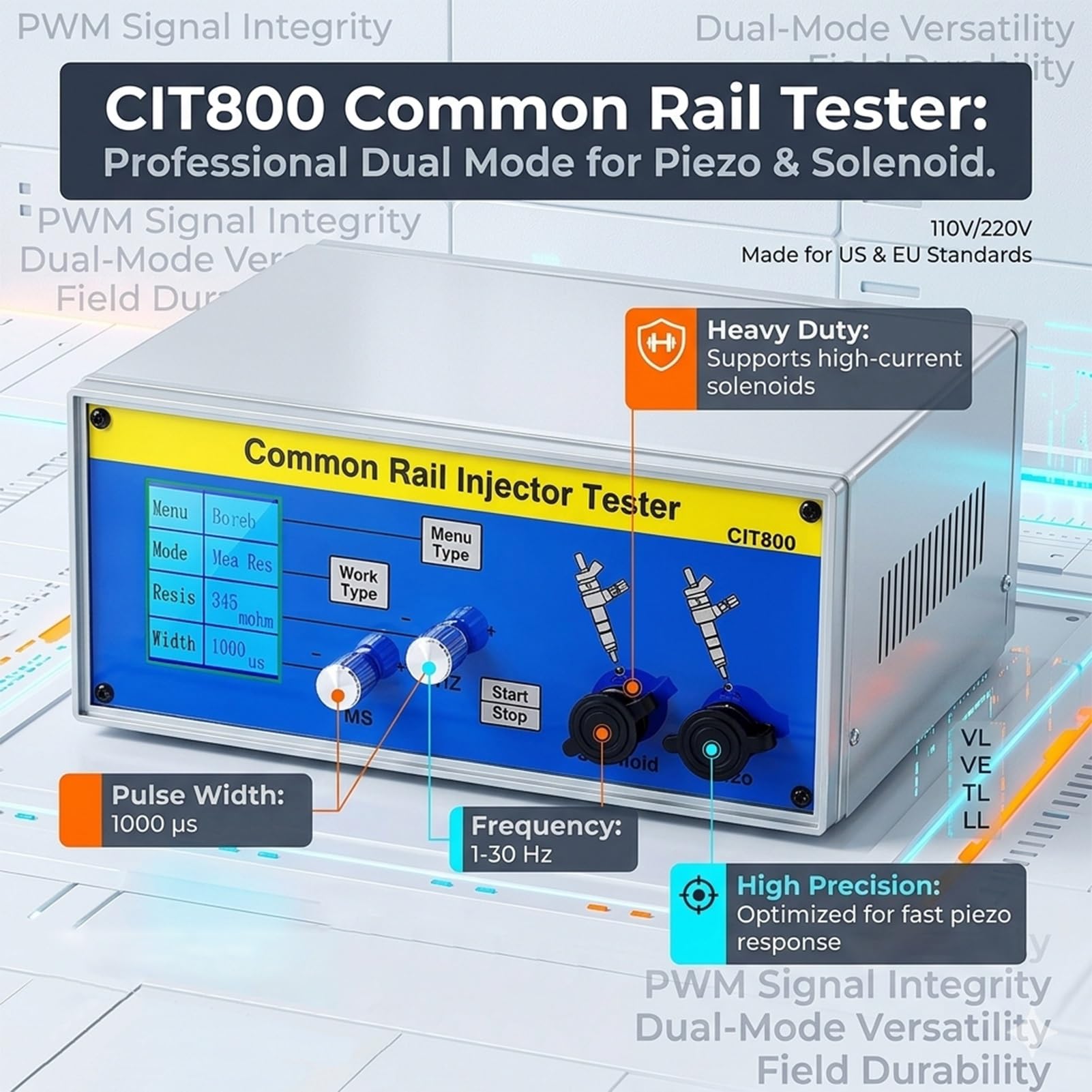 Comprobador de inyectores – Herramienta de calibración profesional – Comprobador piezoeléctrico electromagnético de riel común para sistemas de combustible diésel, compatible con Bosch, Denso, Delphi