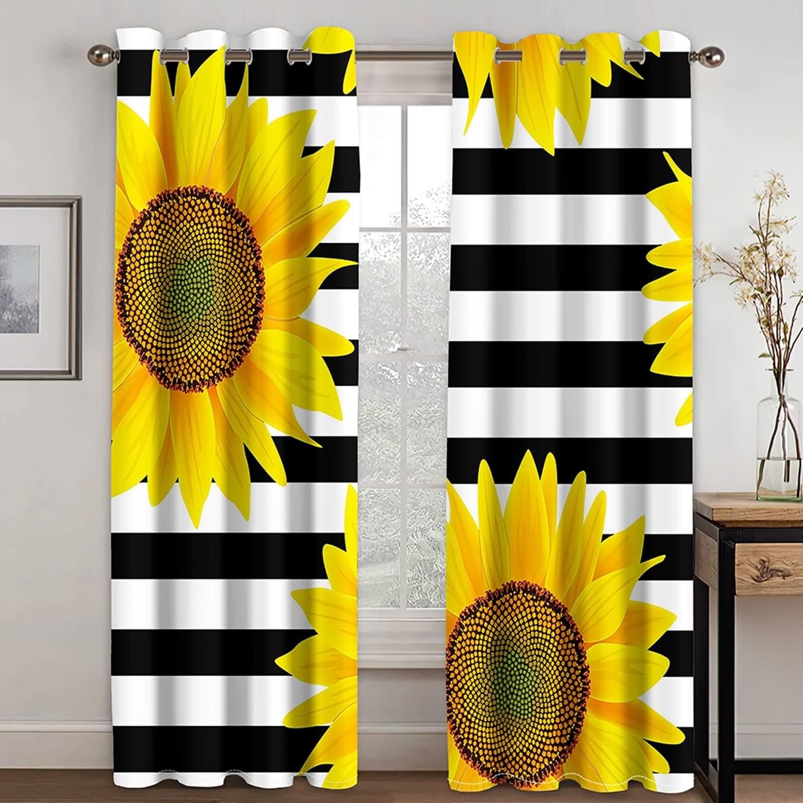 Rideau Fenetre Chambre, Rideau Anniversaire Jaune Noir Blanc Polyester Tournesols sur Fond Rayé 102L x 229H CM Lot de 2