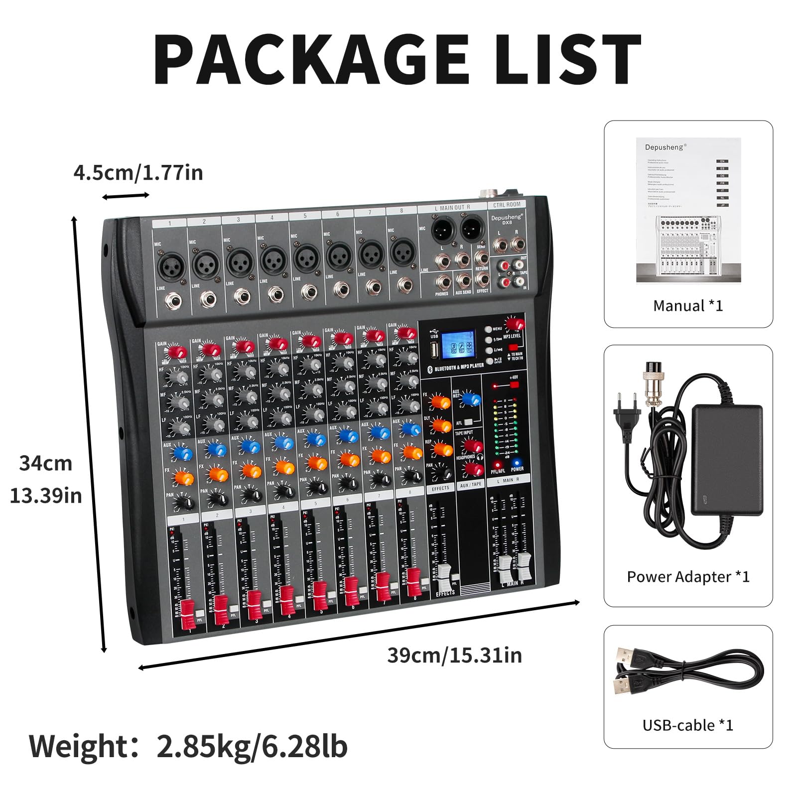 Depusheng DX6 Mixer Professionale Scheda Audio Console 6 Canali Desk System Interface Ingresso USB MP3 Digitale 48V Phantom Power DJ Studio FX Telaio in Acciaio, Mixer Audio Bluetooth Nero per PC