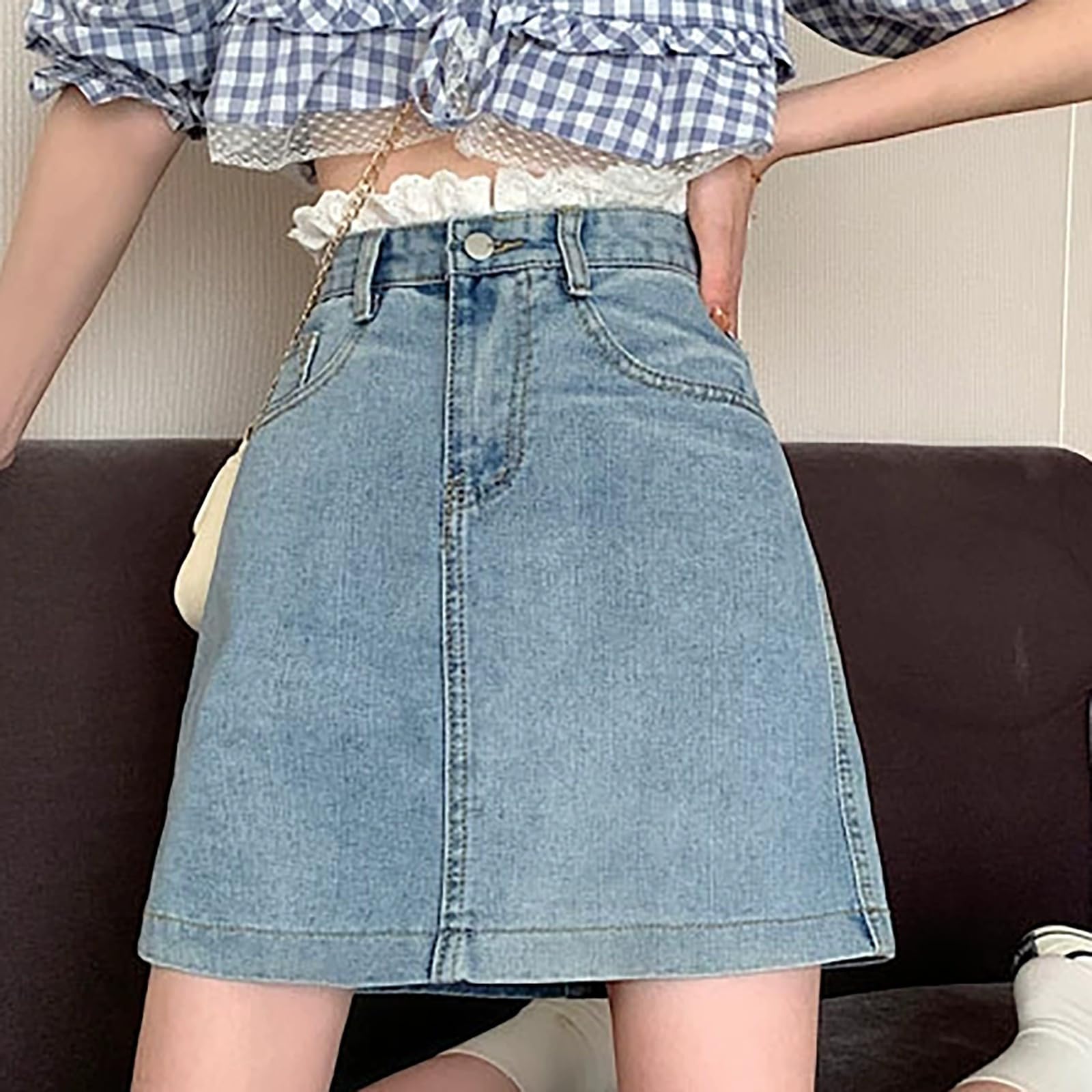 Jupe en jean pour femme - Taille haute - Culotte asymétrique - Mode décontractée - Avec pantalon court - Ligne A - Bouton - Pantalon élégant