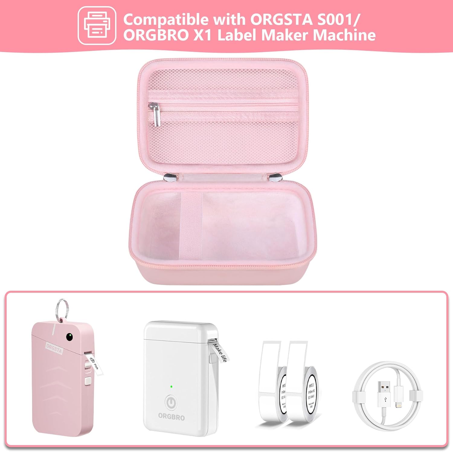Carrying Case for ORGSTA S001 / for ORGBRO X1 Label Maker Machine, Portable Bluetooth Label Printer Storage Holder Bag with Mesh Pocket for Roll Label Maker Tapes, Typ-C Cable, Pink - Image 2