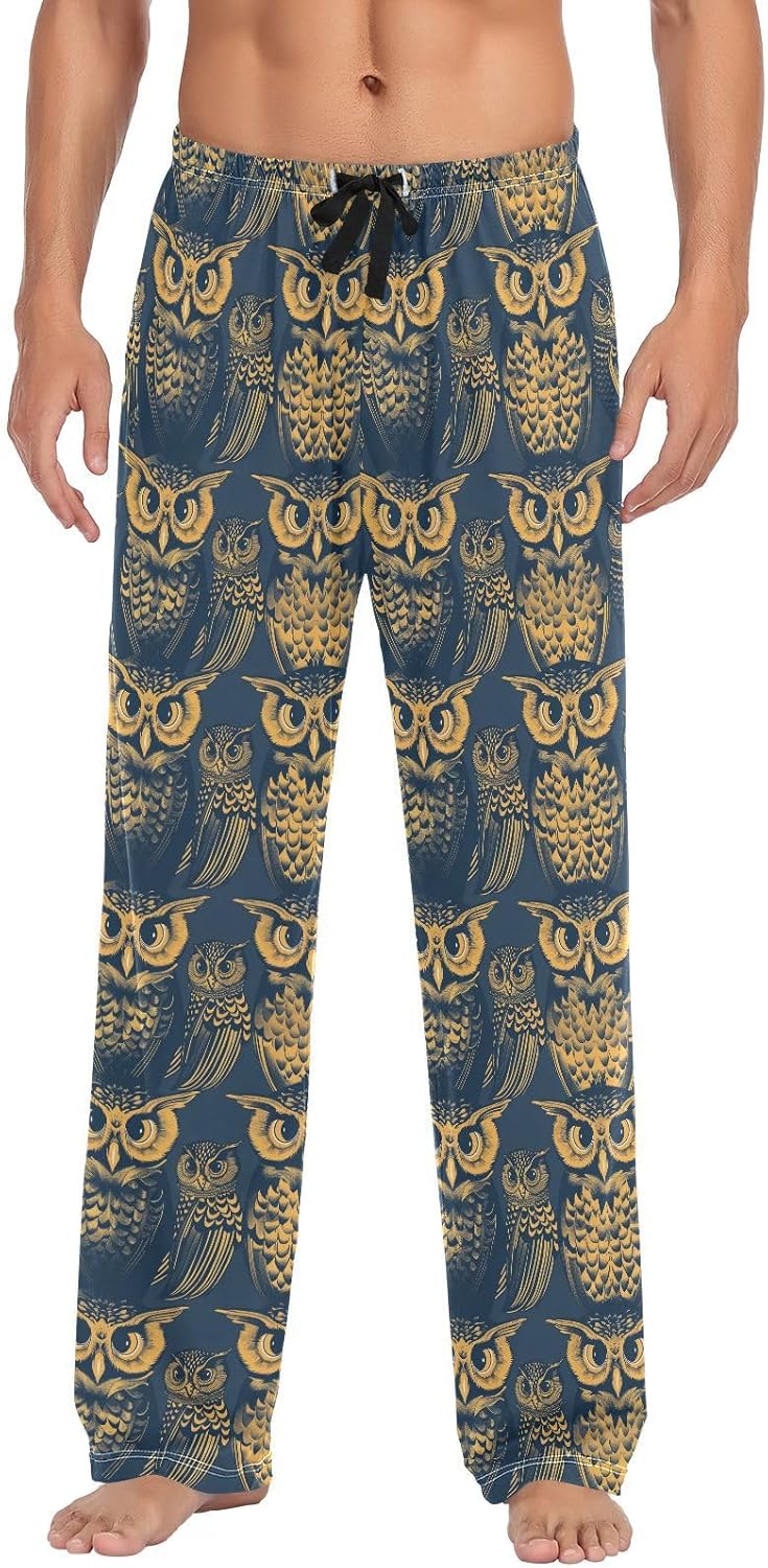 ALAZA Owl Print Vintage Men's Sleepwear Mens Pajama Pants Bottoms with Pockets, S