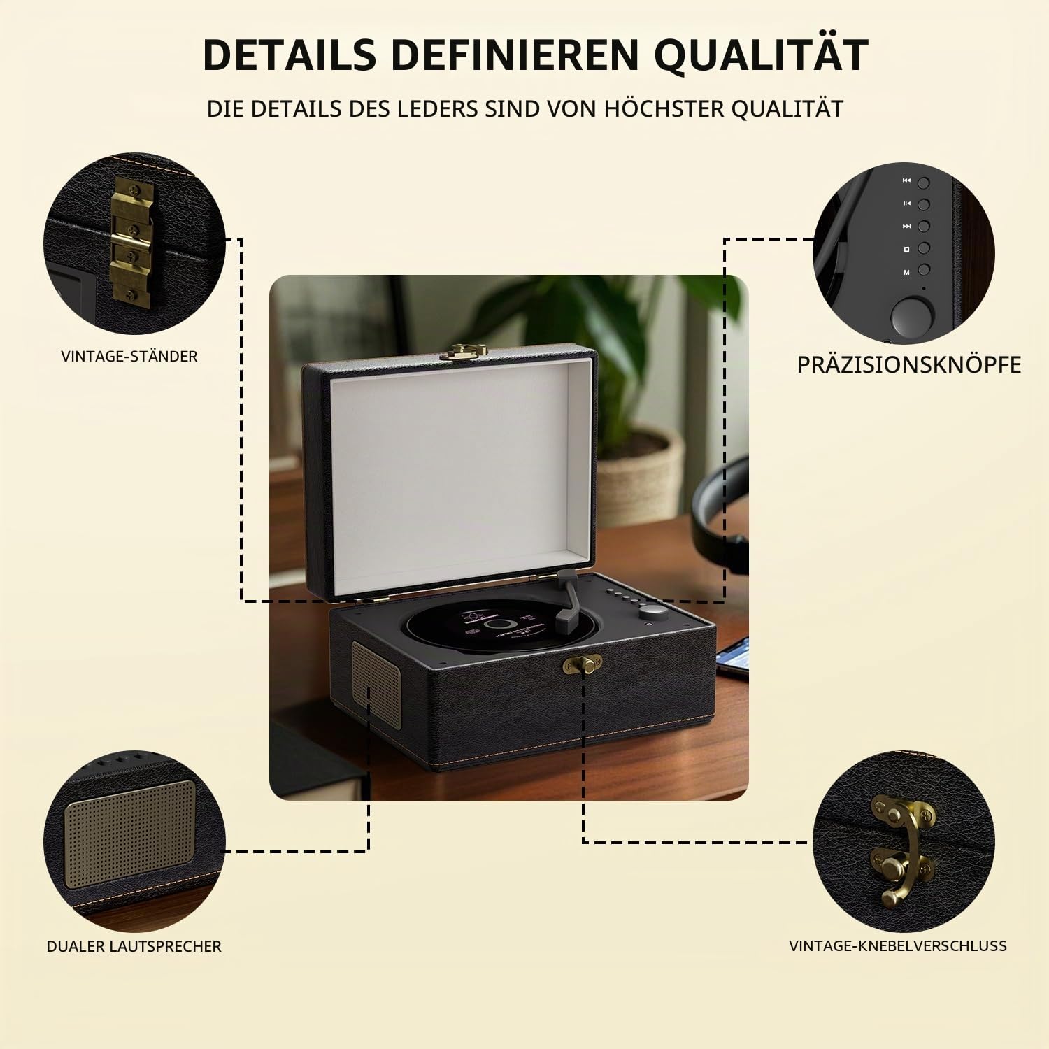 Yintiny Tragbarer CD-Player im Vintage-Stil mit Bluetooth-Konnektivität, Außenseite aus Leder