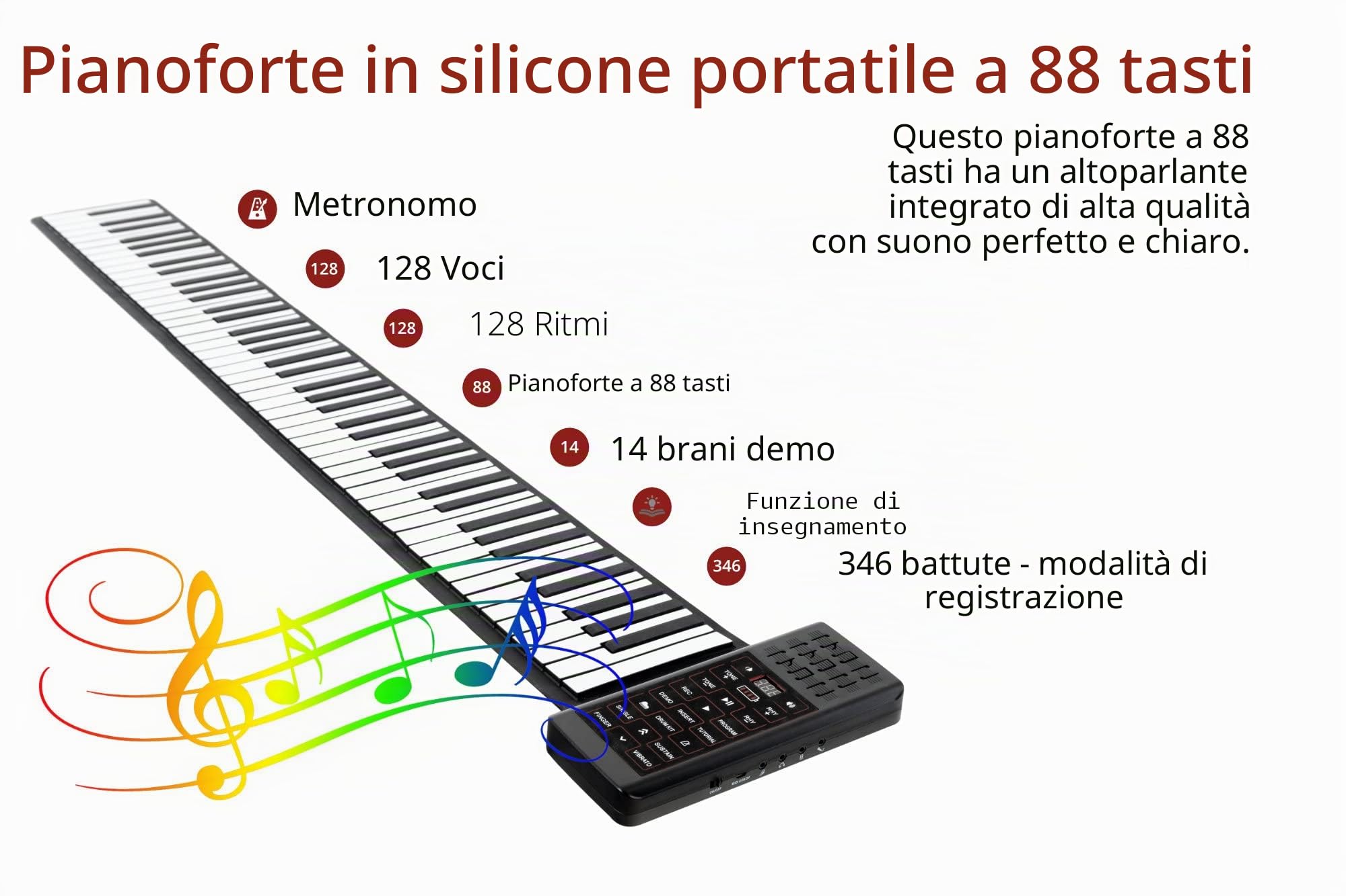 McGrey RA-88 Rollpiano con Batteria, Generale, 88 tasti in silicone | 128 timbri, 128 ritmi di accompagnamento, 14 brani demo, Display LED, Interfaccia MIDI-USB, Uscita cuffie, Ingresso microfono