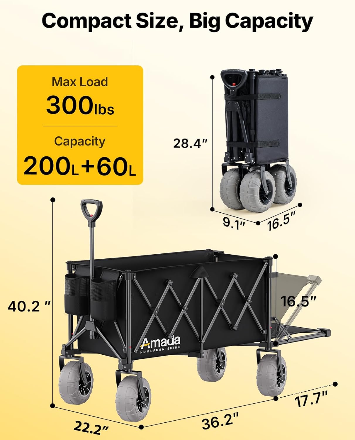 Beach Wagon with Big Wheels for Sand, 260L Capacity, Heavy Duty All-Terrain Folding Wagon with Expandable Rear, Durable Carbon Steel Frame & Big 8.3" Wheels for Beach, Outdoor & Camping Activities