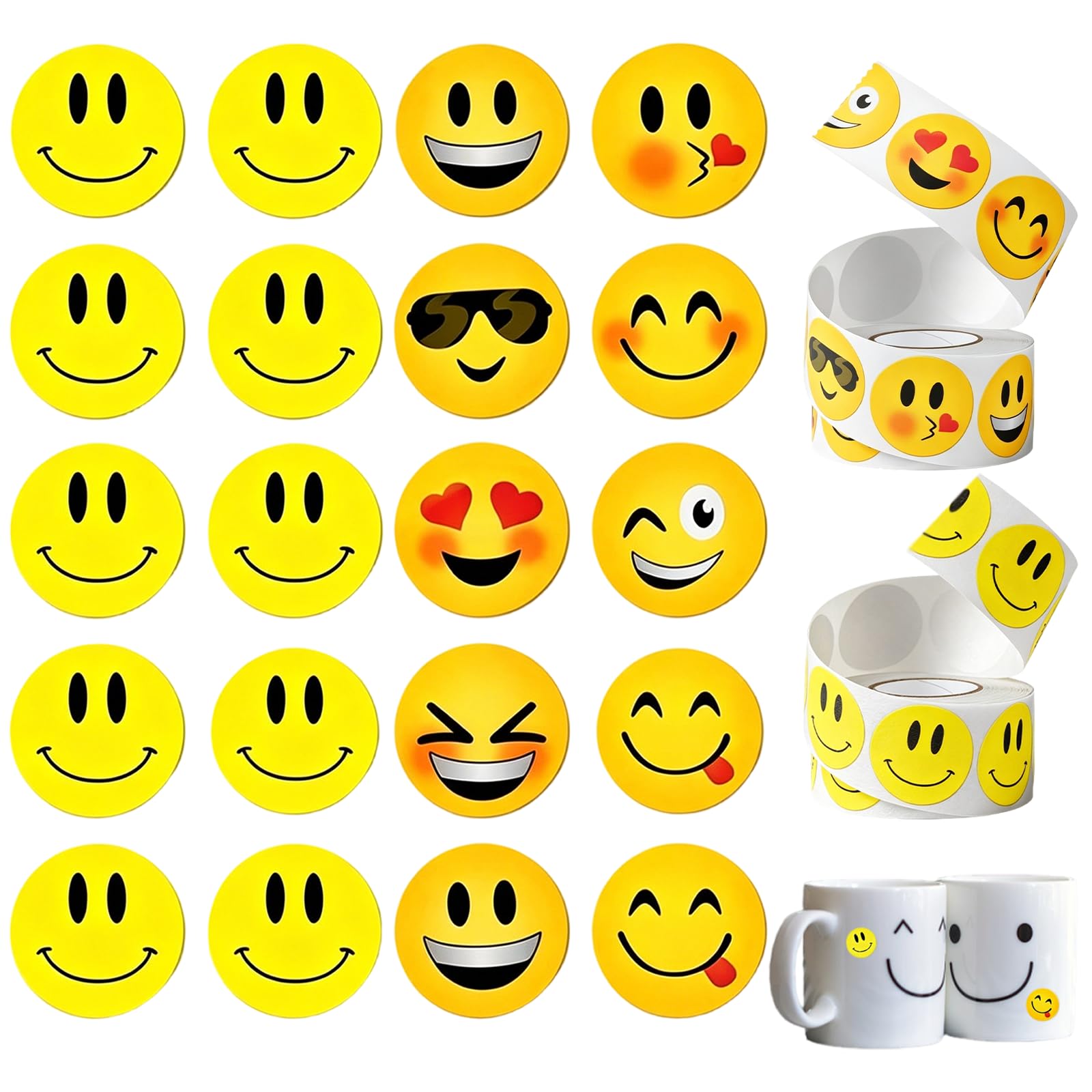 1000 Pcs Smiley Face Stickers, Well Done Stickers for Children, Fun Teacher Stickers, Happy Face Emoji Stickers, Yellow Smiley Faces