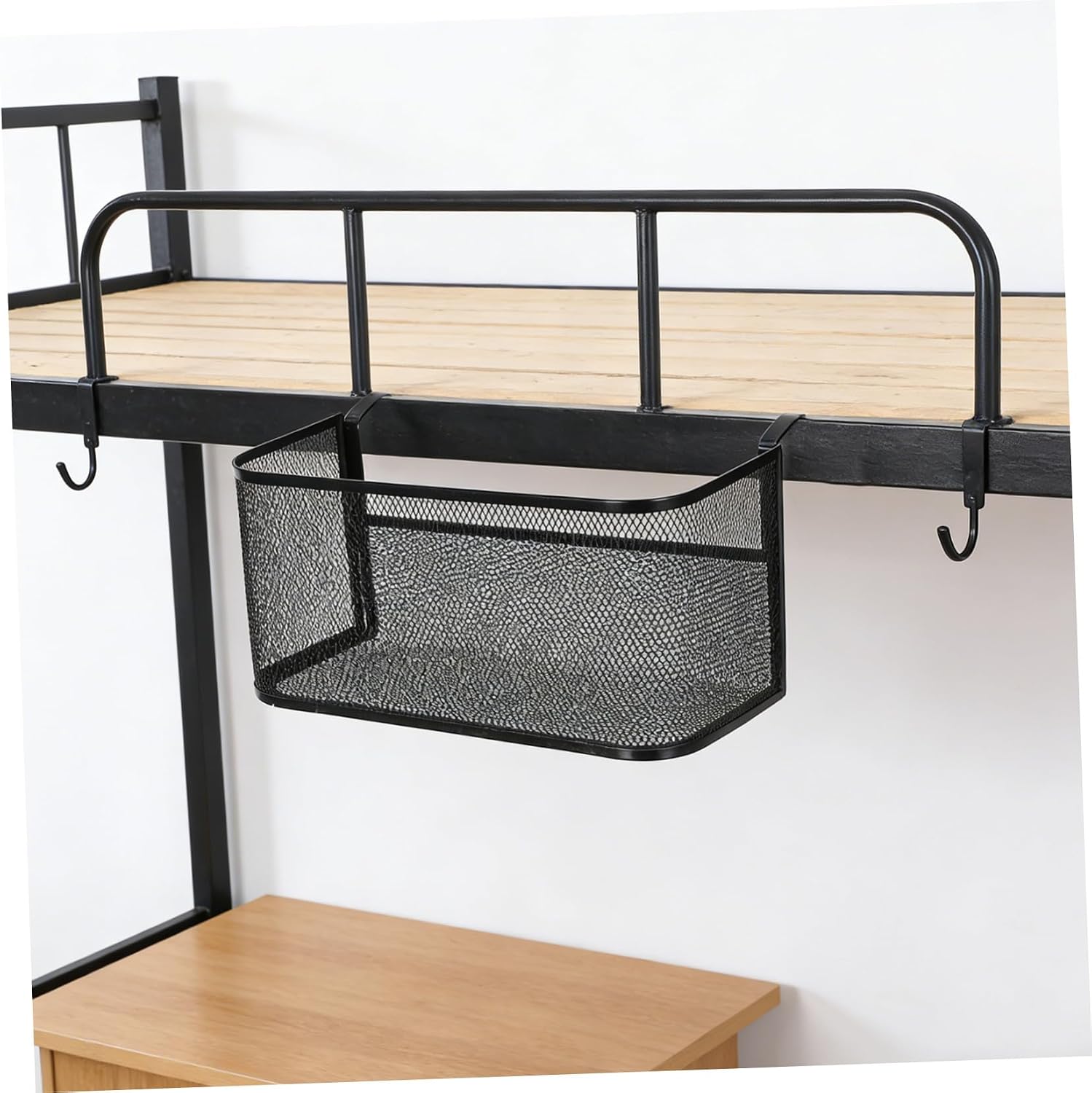 HOMSFOU Black Iron Bedside Hanging Basket with Hook Design for Dorm Room and Office, Reliable Strength and Stability for Effortless Organization and Storage of Glasses, Books, and Mobile