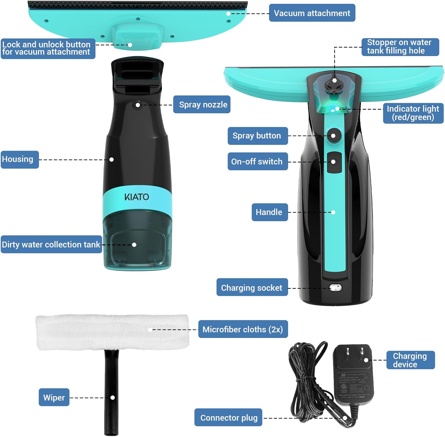 Step-by-step guide on how to use the Kiato Window Vacuum, showing filling, wiping, spraying, and vacuuming.