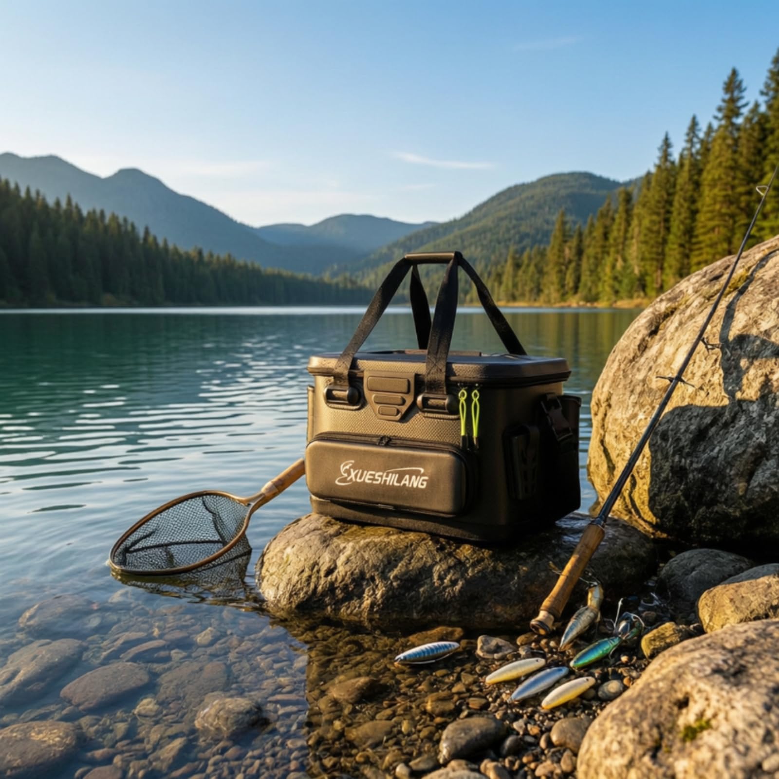 perfk Contenitore da Pesca Cassetta per Esche Organizzatore Rigido Borsa Porta Canne Portaoggetti con Scomparti E Tracolla per Mobilità Adatto per Pescatori, Nero, Medio
