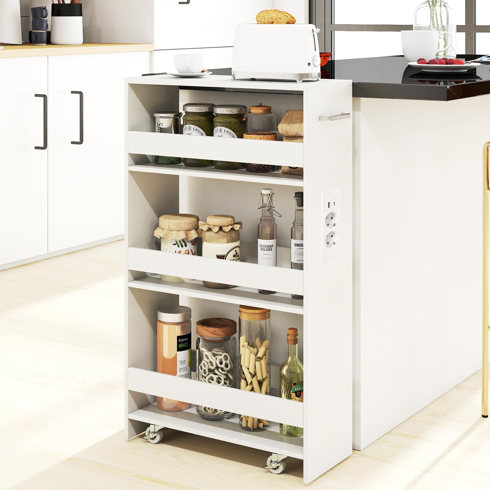 Giantex Carrito Auxiliar 4 Niveles, Carro de Almacenamiento Estrecho con 4 Estantes, Ruedas y Asa, Carro de Servicio Compacto para Cocina, Baño, Salón (Blanco, con Enchufes, 47,5x20x80,5 cm)