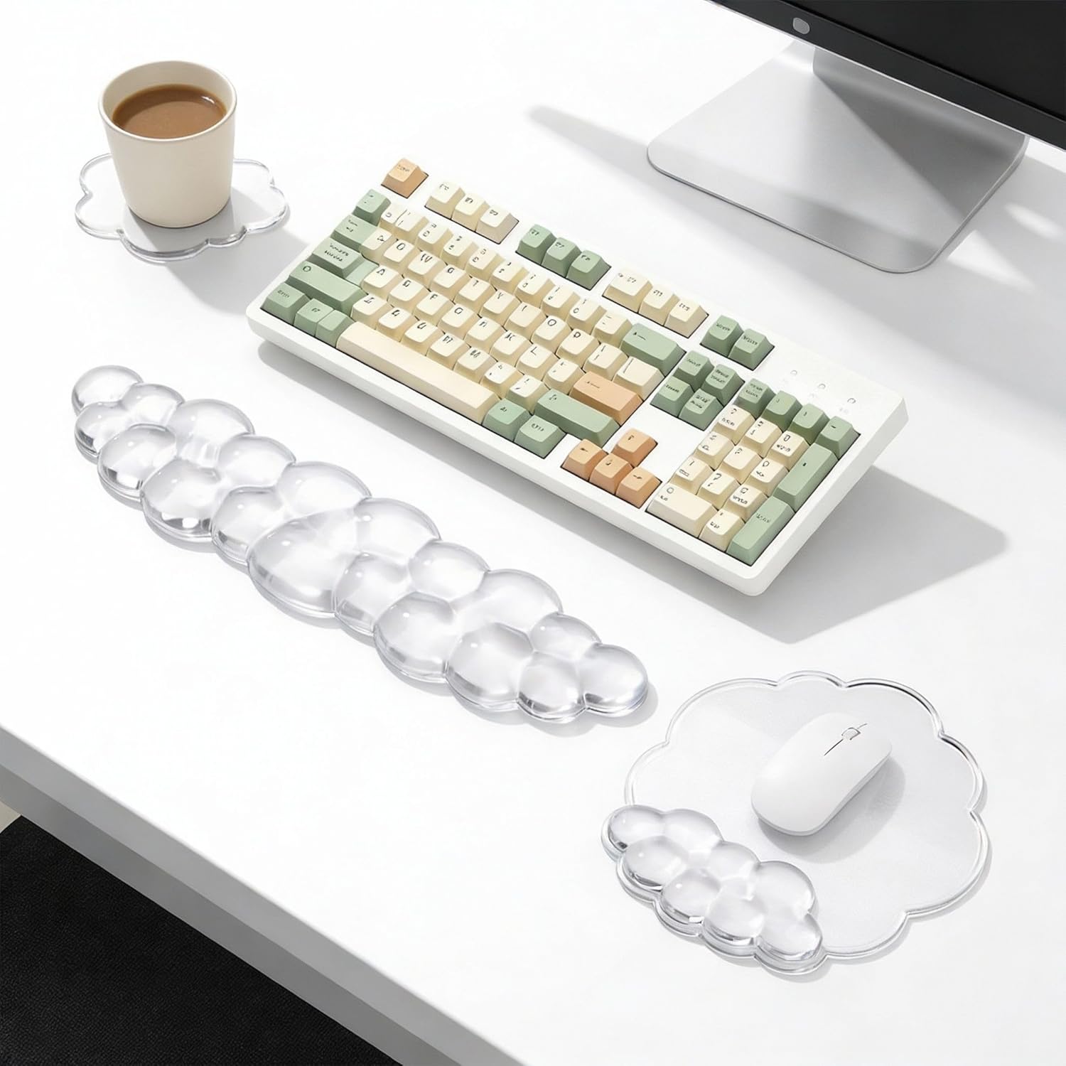 Copkim Cloud Keyboard and Mouse Wrist Rest Clear Gel Ergonomic Keyboard Wrist Rest and Arm Support Mouse Pad Cute Cloud Drink Coasters Suitable for Office Computer Laptop Gaming