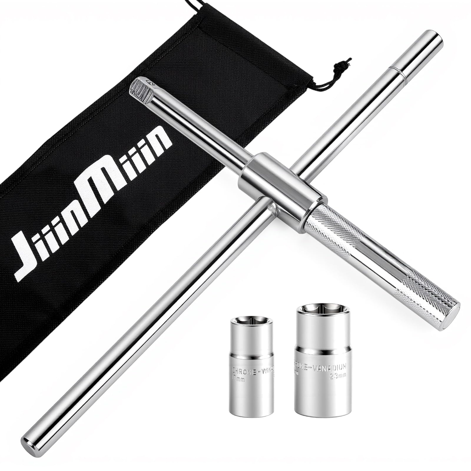 JiiinMiiin Easy Power Wrench (kształt litery T), klucz krzyżowy (krzyżowy), 0,7 i 1,8 i 2,0 i 2,3 cm (17 i 19 mm, 21 i 23 mm) gniazda dwustronne, zdejmowane, kompaktowe, łatwe do samochodu, wymiana