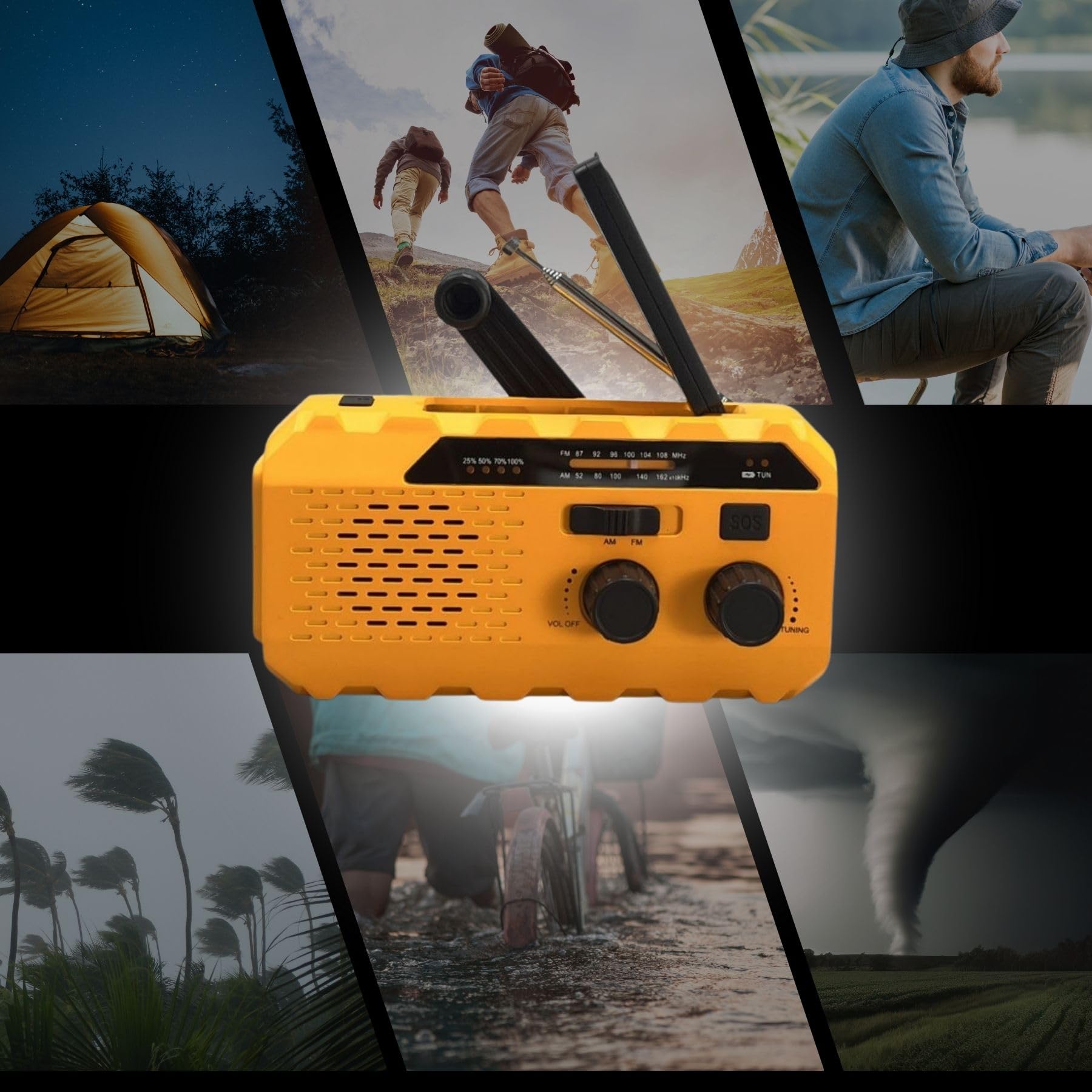 BSL Radio Portátil Am/FM CT-6127 | Carga Solar y manivela Dynamo | Linterna LED | Batería Recargable 2000mAh Almacenamiento y Carga Dispositivos externos | USB-A y USB-C.