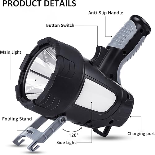 Miniatura 6 de Linterna de foco recargable, 99,000 lúmenes, proyector LED súper brillante con 6 modos y trípode plegable, potente luz puntual de 30 horas de larga