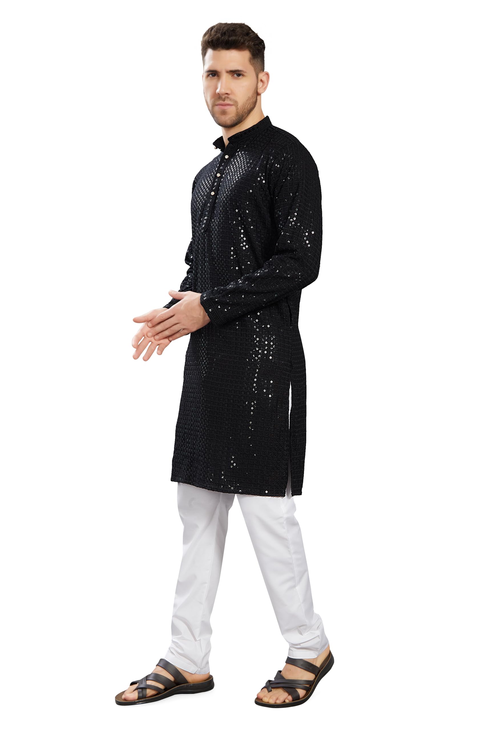 Divisive Men's Sequince Embroidered Cotton Blend Slim Fit Kurta Pyjama Set (Dkrt1005_M_Black)
