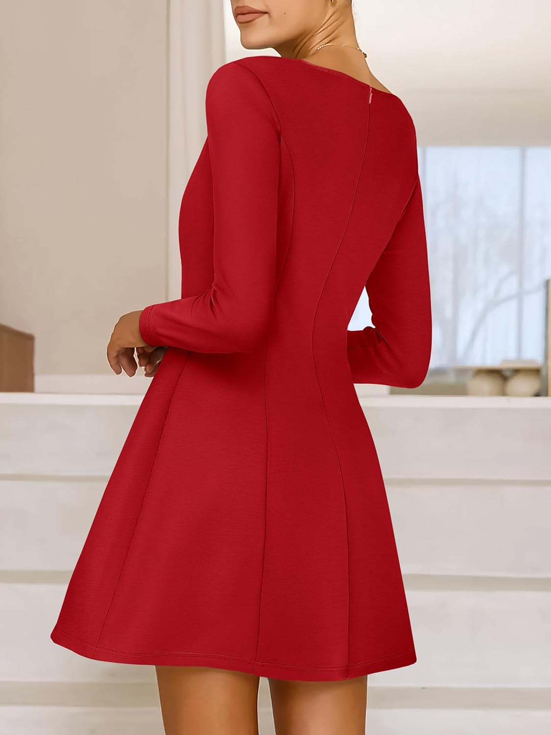 ANRABESS Women's Long Sleeve A-Line Mini Dress 2026 Spring Boat Neck Semi Formal Fit and Flare Casual Business Short Dresses - Image 4