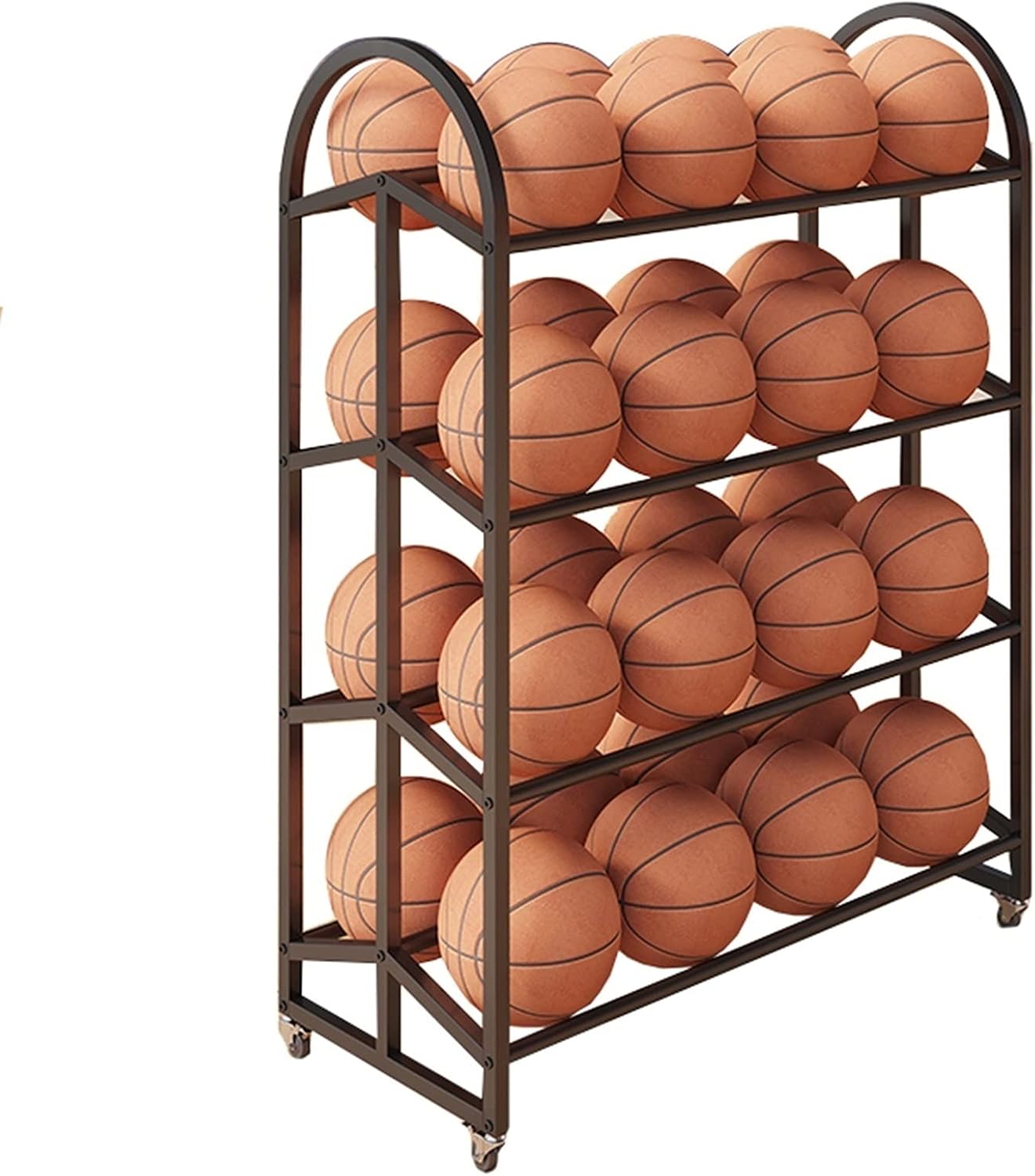 4 Tier Rolling Sports Equipment Organizer for Basketball/Football, School/Stadium/Outside Large Ball Storage Cart with Wheels, Heavy Duty Double Wide Ball Rack,Black
