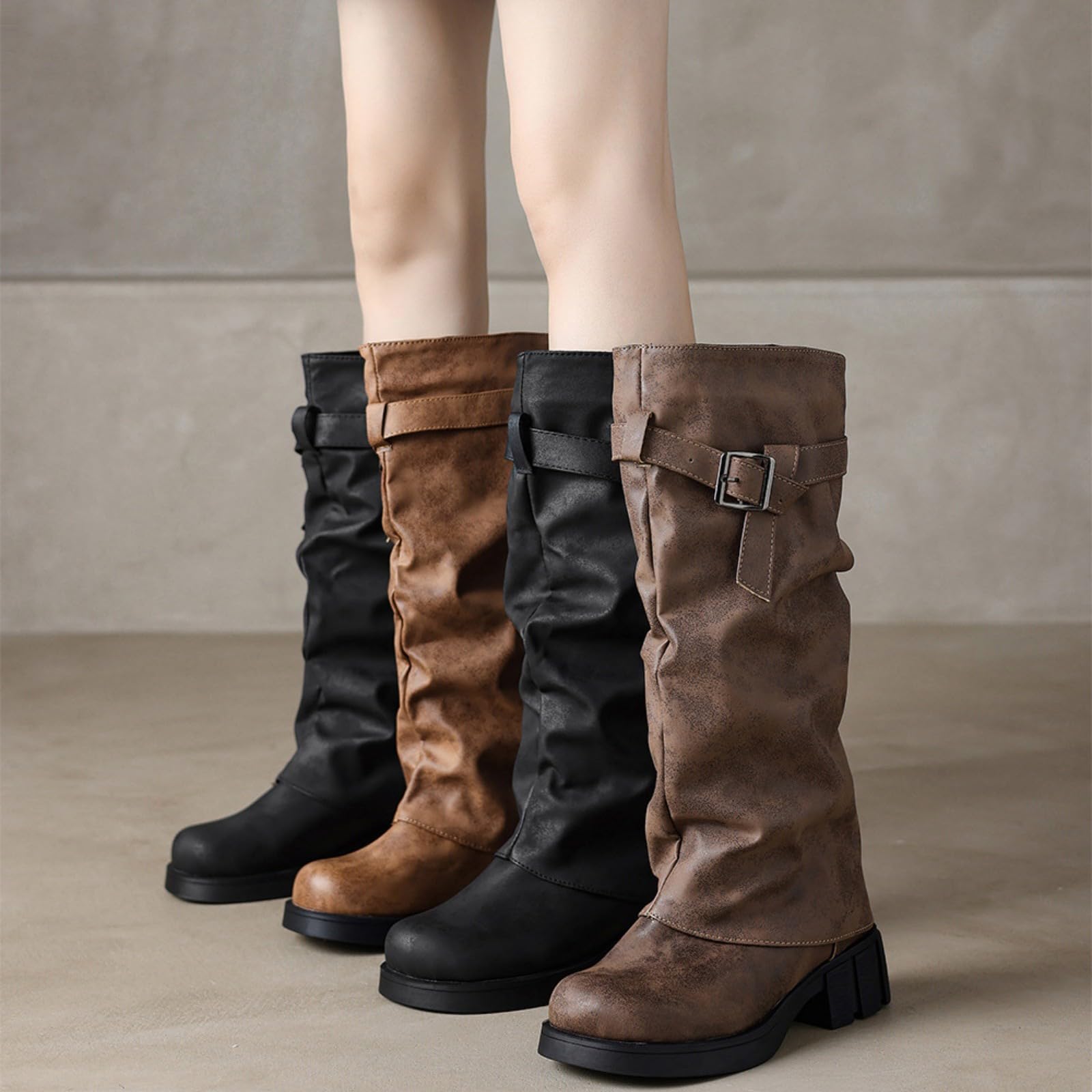 Bottes western pour femme - Bout rond - Bottes hautes pour femme - Bottes de cowboy avec boucle - Bottes longues en daim - Bottes à enfiler - Bottes gothiques punk à plateau