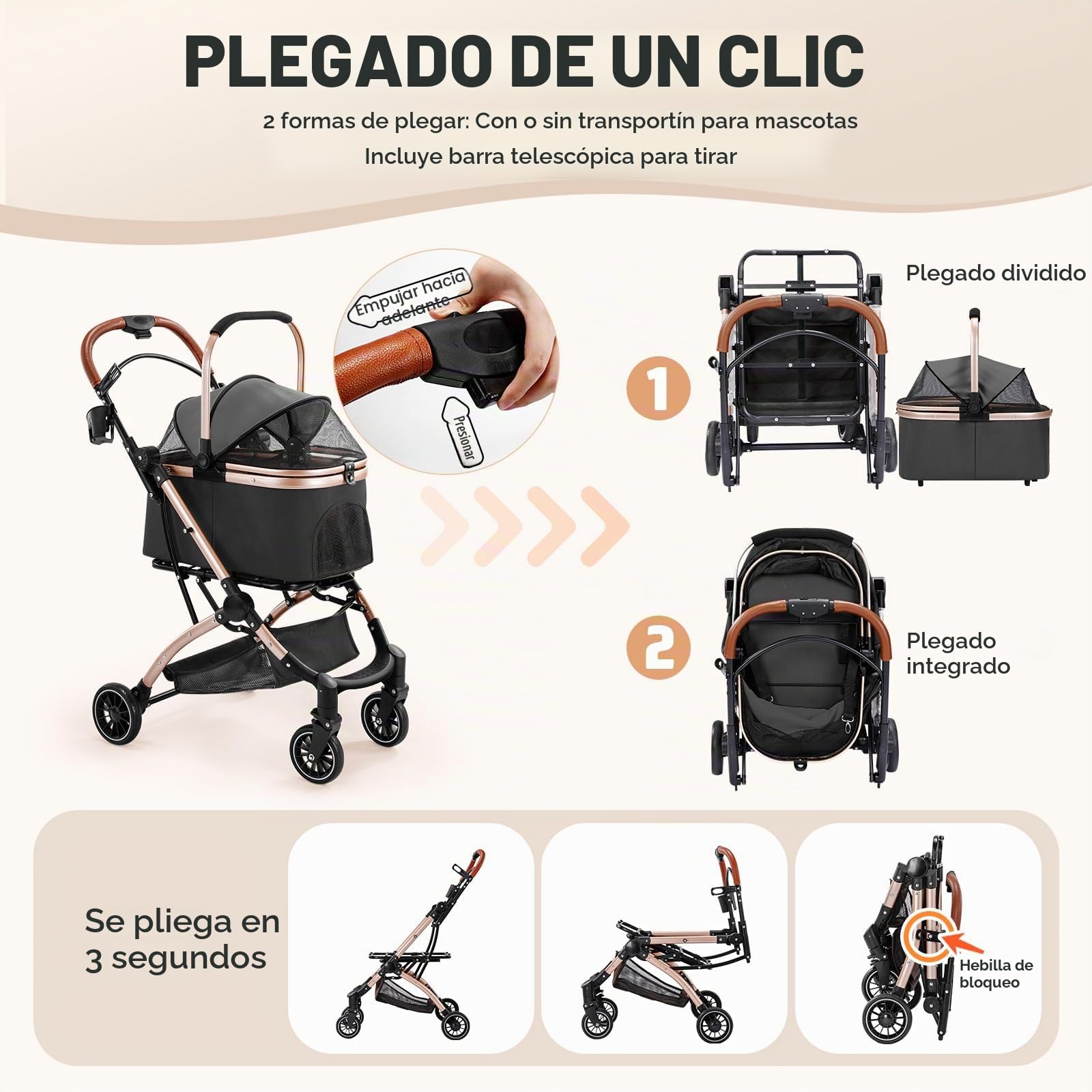 Gimars Mejora 4 en 1 Soporta 20kg Carrito Plegable para Perros Gatos Mediano Pequeño, Cochecito Perro con Portabebés Desmontable Ruedas Delantera Goma 360° Lluvia Funda Almacenamiento Cesta Negro