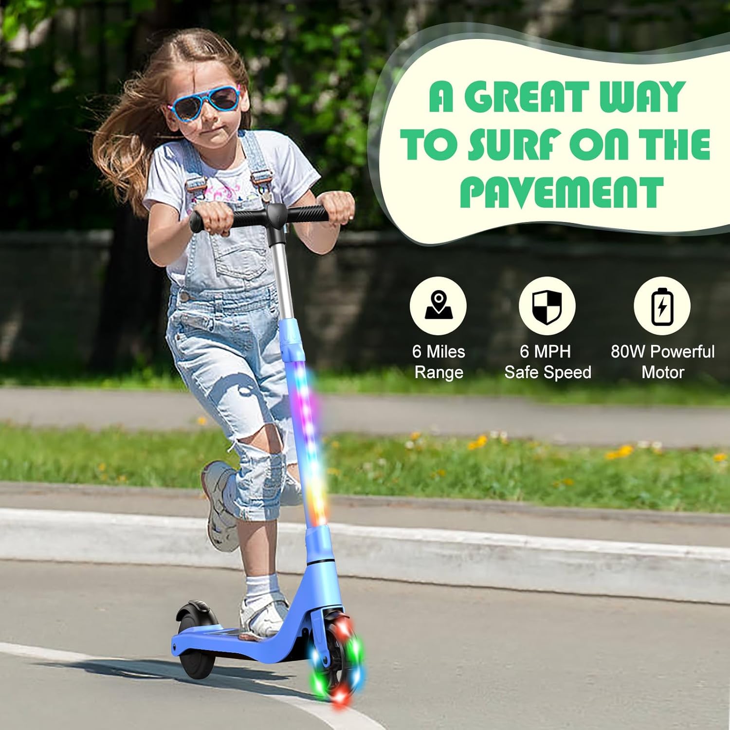 Electric Scooter for Kids Ages 6-12, Foldable Kick Scooter with Adjustable Height, 80W Motor, 6 MPH, Colorful LED Lights, Dual Brakes, Lightweight & Portable Design - Supports up to 140 lbs